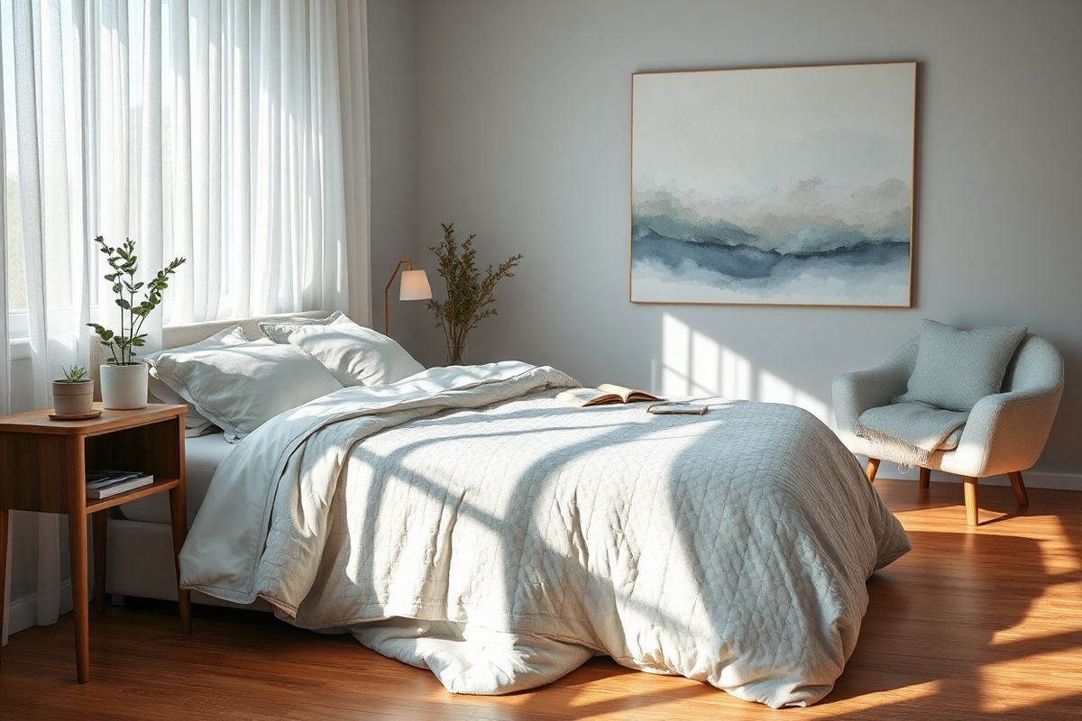 A serene bedroom scene bathed in soft, natural light filters through sheer curtains, casting gentle shadows on the plush, inviting bed adorned with a cozy, textured comforter. The color palette is soothing, featuring muted tones of pale blue and soft gray, creating a tranquil atmosphere conducive to relaxation and restful sleep. A nightstand holds a small potted plant, adding a touch of life, while a well-placed book lies open, hinting at a moment of quiet reflection. On the wall, a large abstract painting in calming hues captures the essence of peace and introspection. The wooden floor, polished to a warm sheen, complements the overall aesthetic. A comfortable armchair in the corner, draped with a soft throw, invites one to unwind, while a bedside lamp with a warm glow enhances the ambiance. This scene encapsulates a harmonious blend of comfort and tranquility, promoting the importance of a restful environment for those struggling with insomnia and treatment-resistant depression. The overall composition evokes a feeling of calmness and hope, ideal for illustrating the significance of improved sleep quality in managing mental health.