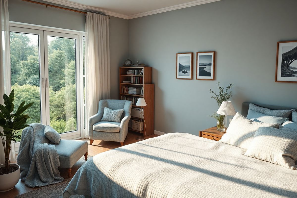 A serene, photorealistic scene depicting a cozy, softly lit bedroom designed for relaxation and comfort. The room features a large, inviting bed adorned with plush, textured bedding in calming shades of blue and white. A nightstand is positioned beside the bed, holding a small, elegant lamp that casts a warm glow, creating a tranquil atmosphere. On the opposite side, a large window reveals a peaceful view of a lush garden, with gentle sunlight filtering through sheer curtains, enhancing the sense of calm. A plush armchair, draped with a cozy blanket, is nestled in one corner, inviting quiet reflection or reading. The walls are painted in soft, muted tones, adorned with framed nature photographs that evoke tranquility. A small bookshelf filled with well-loved books stands against one wall, alongside a potted plant that adds a touch of greenery. The overall ambiance conveys a sense of peace and comfort, ideal for promoting relaxation and improving sleep quality, making it a perfect visual representation of the importance of a restful environment in managing treatment-resistant depression.