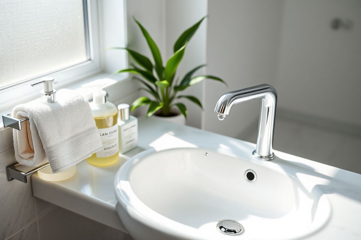 A photorealistic image features a serene bathroom setting, emphasizing cleanliness and tranquility. The scene showcases a gleaming white porcelain sink with a modern, sleek faucet, reflecting soft natural light streaming through a frosted window. Surrounding the sink are neatly arranged bottles of eco-friendly cleaning products, their labels minimalist and elegant, hinting at the meticulous care taken to maintain hygiene. A plush white towel hangs on a polished chrome rack, its texture inviting and soft. In the background, a lush green plant adds a touch of life and freshness, positioned on a marble countertop, contrasting beautifully with the crisp, sterile environment. The floor is tiled with light gray porcelain, giving a sense of spaciousness and calm. Delicate droplets of water glisten on the faucet, capturing the essence of cleanliness and the struggle against contamination. The entire composition radiates a sense of order and peace, subtly illustrating the balance between the desire for cleanliness and the overwhelming fear of contamination, perfectly aligning with the themes of Contamination OCD.