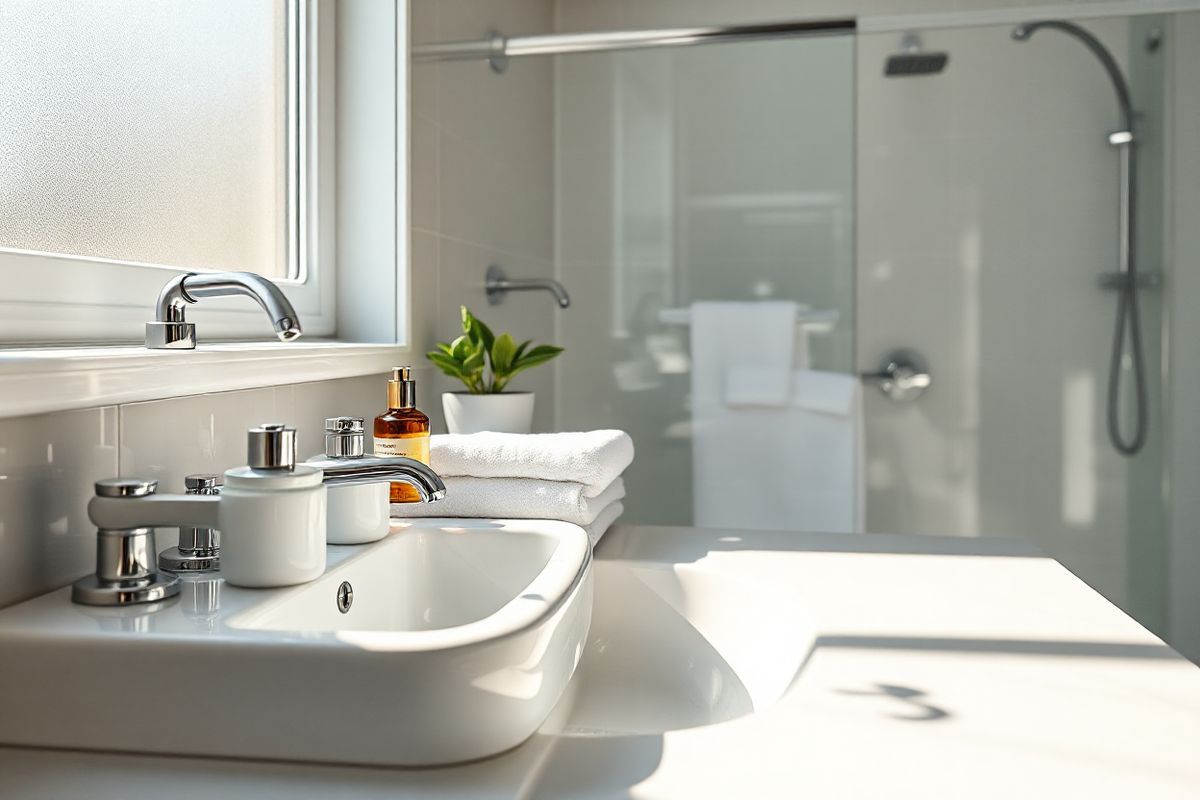 A photorealistic image depicting a serene, well-organized bathroom setting, emphasizing cleanliness and tranquility. The scene features a pristine white porcelain sink with glistening chrome fixtures, reflecting soft, natural light filtering through a frosted window. Neatly arranged on the countertop are elegant, minimalist containers filled with luxurious soaps and essential oils, hinting at a calming atmosphere. Plush white towels are folded neatly on a shining chrome towel rack, while a small potted plant adds a touch of greenery, symbolizing life amidst the cleanliness.   In the background, a spotless shower stall showcases gleaming tiles and a rain showerhead, enhancing the feeling of freshness. Subtle shadows play across the surfaces, creating depth and warmth in the space. The overall color palette consists of soft whites, muted grays, and gentle earth tones, evoking a sense of peace and order. This image captures the essence of a safe, clean environment, reflecting the internal struggle of individuals with Contamination OCD, while simultaneously offering a soothing visual representation of hope and recovery.