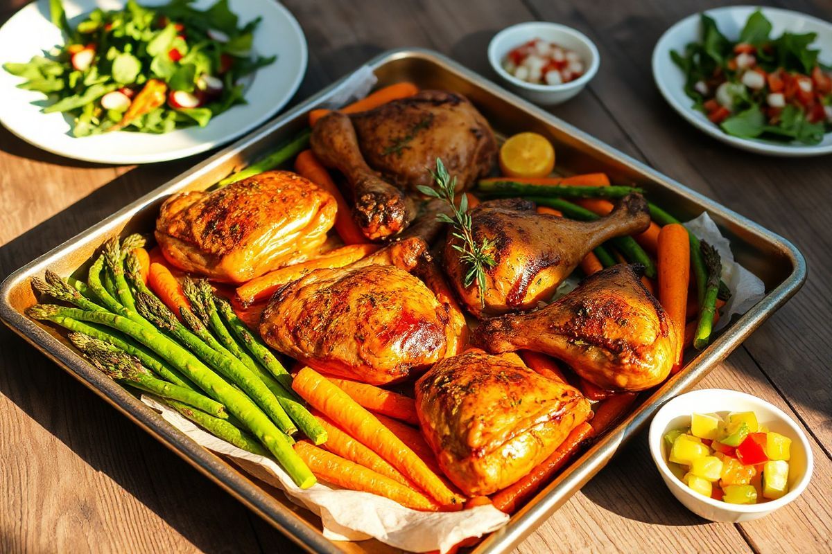 A beautifully arranged sheet pan dinner sits on a rustic wooden table, showcasing a vibrant assortment of roasted chicken pieces, including golden-brown thighs and drumsticks, glistening with a zesty lemon garlic marinade. Surrounding the chicken are an array of colorful spring vegetables, such as tender asparagus spears with a slight char, bright orange carrots glazed to perfection, and crisp, green snap peas for a fresh pop of color. The vegetables are artfully arranged, displaying their rich hues of green, orange, and purple against the warm tones of the roasted chicken. A few sprigs of fresh herbs, like thyme and parsley, are sprinkled across the pan for an added touch of freshness. The image captures the golden light of late afternoon, casting soft shadows that enhance the textures of the chicken and vegetables. In the background, a simple white plate holds a light arugula salad with radishes, while a small dish of zesty citrus salsa sits nearby, invitingly prepared for serving. The overall scene exudes warmth, simplicity, and the joy of a wholesome, homemade meal, perfect for a family gathering or a cozy dinner with friends.