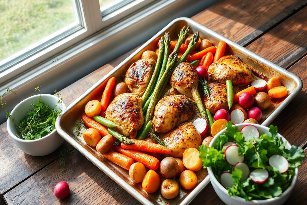 A beautifully arranged sheet pan dinner sits on a rustic wooden table, showcasing a vibrant medley of seasonal spring vegetables alongside perfectly roasted chicken pieces. The chicken, glistening with a golden-brown hue, is nestled among a colorful array of fresh asparagus, bright orange carrots, and plump new potatoes, all lightly caramelized and sizzling. The asparagus stands tall, its tender tips slightly charred, while the radishes, with their striking red skin, add a pop of color. A handful of snap peas, crisp and bright green, are scattered throughout, offering a fresh contrast. Surrounding the dish, delicate sprigs of fresh herbs—like thyme and rosemary—add an aromatic touch. The backdrop features a soft, natural light filtering through a nearby window, casting gentle shadows that enhance the textures of the food. On one side of the table, a simple white bowl filled with a fresh arugula salad, adorned with slices of radish and drizzled with a lemon vinaigrette, provides an inviting complement to the main dish, creating a scene that celebrates the beauty and bounty of spring produce.