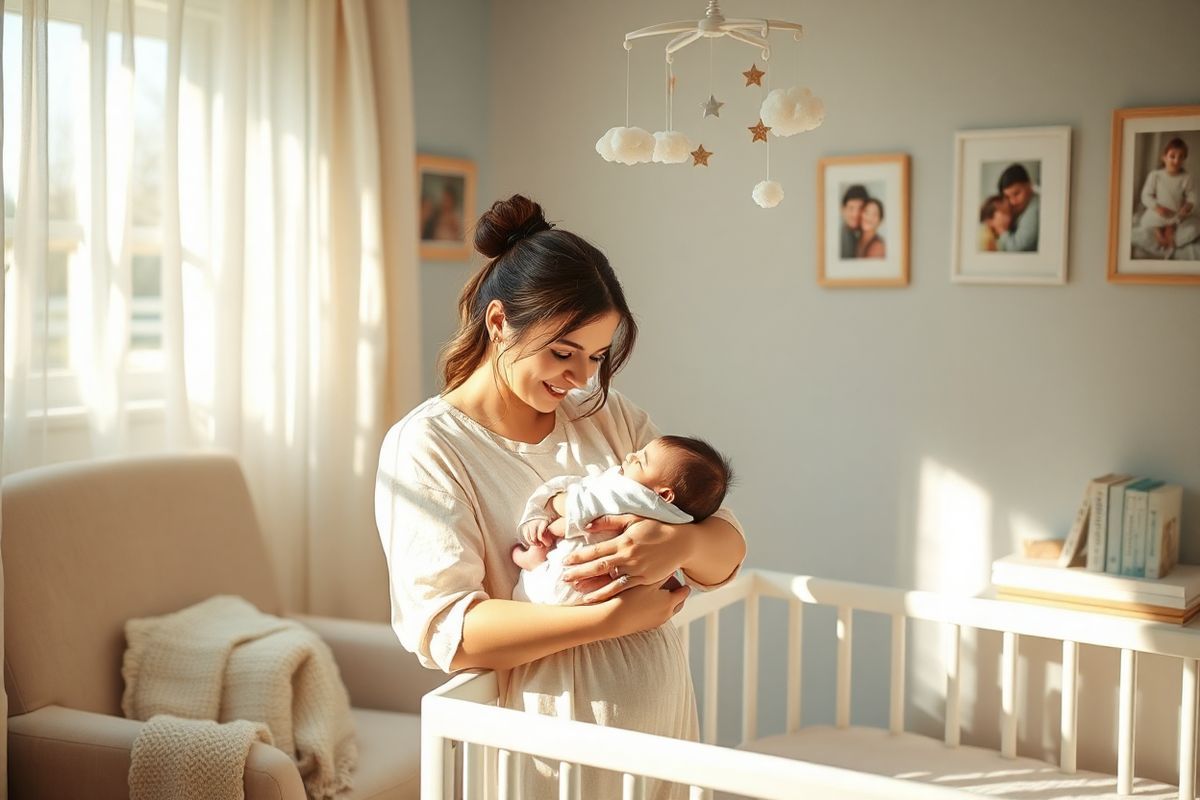 A serene and intimate scene depicting a new mother gently cradling her newborn in a softly lit nursery. The room is filled with warm, natural light filtering through sheer curtains, casting a gentle glow on the mother’s face, which reflects a mixture of tenderness and subtle exhaustion. Surrounding them are delicate, pastel-colored decorations, such as a mobile with whimsical clouds and stars hanging above the crib. The walls are painted in soothing shades of pale blue and soft pink, adorned with framed photographs of happy family moments. A cozy armchair with a knitted blanket sits in the corner, inviting rest and comfort. On a nearby shelf, there are books about parenting and mental health, symbolizing the journey of motherhood. The overall atmosphere is peaceful, yet it subtly conveys the complexities of emotions that new mothers may experience, highlighting both the beauty and challenges of postpartum life. The image captures the essence of nurturing and vulnerability, making it a perfect visual accompaniment to the themes of postpartum depression and maternal well-being.