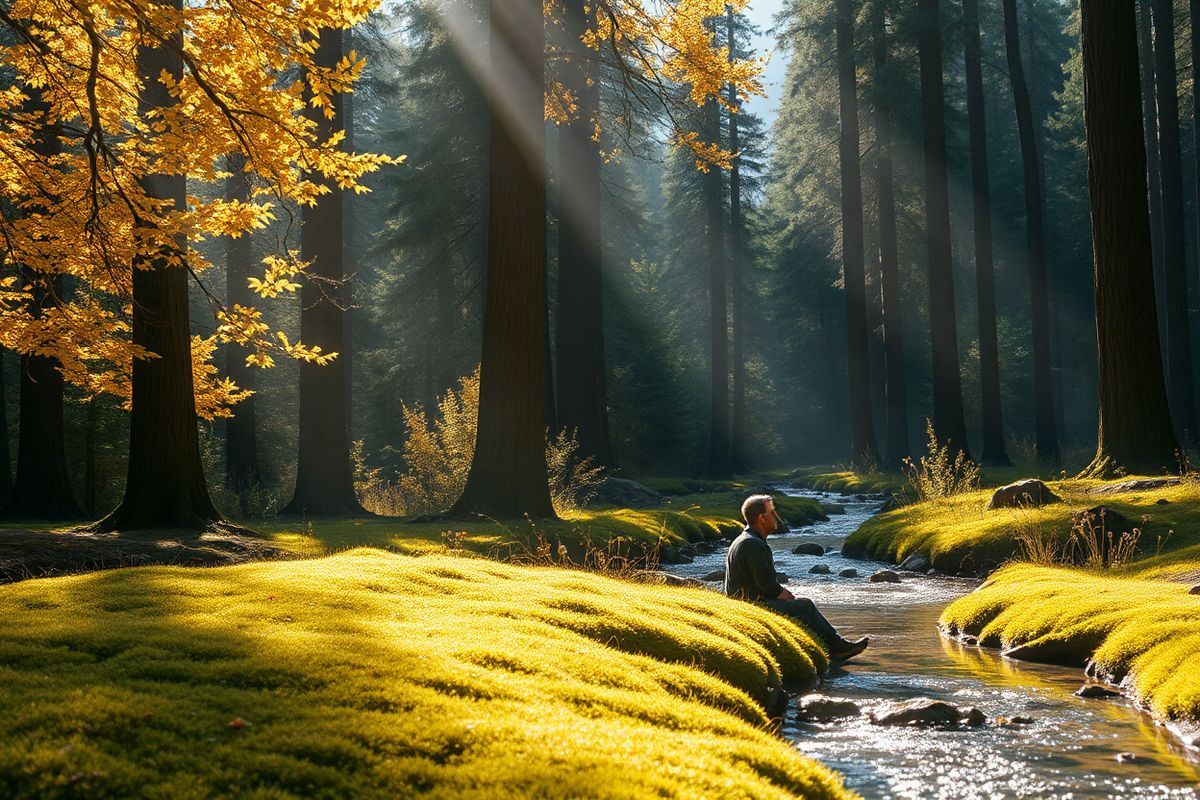 A photorealistic image of a serene and introspective scene set in a sunlit forest clearing. In the foreground, a solitary figure, a middle-aged man with a contemplative expression, sits cross-legged on a bed of soft moss, surrounded by tall, majestic trees with golden autumn leaves gently falling around him. Sunbeams filter through the branches, creating a warm, ethereal glow that highlights the man’s face, reflecting a sense of peace and introspection. Nearby, a small stream flows gently, its crystal-clear water sparkling in the sunlight, symbolizing the flow of life and the search for meaning. Scattered around the clearing are delicate wildflowers in vibrant colors, adding a touch of beauty and hope to the scene. In the background, the forest deepens, with hints of distant mountains visible, suggesting the vastness of life’s journey. The overall atmosphere is tranquil and contemplative, evoking a sense of connection to nature and the inner quest for purpose and meaning amidst the challenges of life. This image embodies the essence of Viktor Frankl’s philosophy, inviting viewers to reflect on their own journey toward finding significance in their experiences.