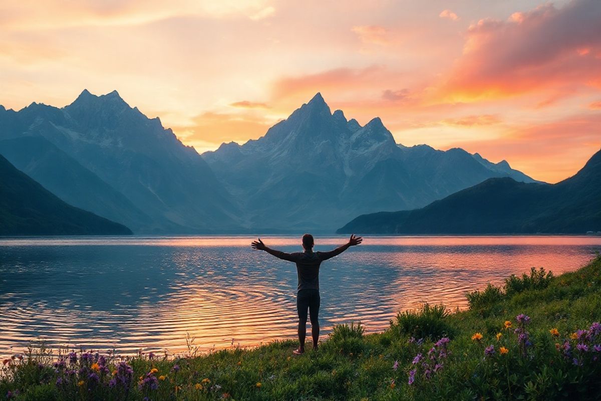 A serene, photorealistic landscape depicting a tranquil sunrise over a vast mountainous terrain. The sky is painted in soft hues of pink, orange, and gold, casting a warm glow on the rugged peaks that rise majestically in the background. In the foreground, a calm lake reflects the vibrant colors of the sky, with gentle ripples creating a sense of movement. Lush greenery surrounds the lake, with wildflowers blooming in shades of purple and yellow, symbolizing hope and resilience. A solitary figure, a silhouette of a person with arms outstretched, stands on the shore, basking in the beauty of the moment, embodying the search for meaning and connection to nature. The scene conveys a sense of peace, purpose, and the profound journey of self-discovery amidst the splendor of the natural world.