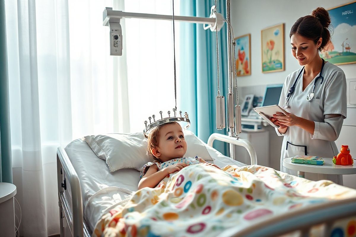 A photorealistic decorative image features a serene hospital room bathed in soft, natural light filtering through sheer curtains. In the center, a young child lies on a hospital bed, adorned with a colorful quilt, while a halo gravity traction device is gently secured around their head. The device gleams metallic silver, with the pins carefully affixed to the child’s skull, reflecting the light subtly. A pulley system is attached to the bed, with weights hanging delicately, illustrating the traction process. Surrounding the bed are cheerful decorations, such as bright artwork on the walls depicting whimsical animals and landscapes, adding warmth and comfort to the clinical setting. A friendly nurse is seen adjusting the traction weights with a caring expression, embodying a supportive atmosphere. On a nearby table, there are toys and books, emphasizing the pediatric focus of the treatment and the importance of maintaining a child-friendly environment. The overall ambiance is one of hope, healing, and professionalism, capturing the essence of advanced medical care while ensuring a nurturing experience for young patients undergoing halo gravity traction.