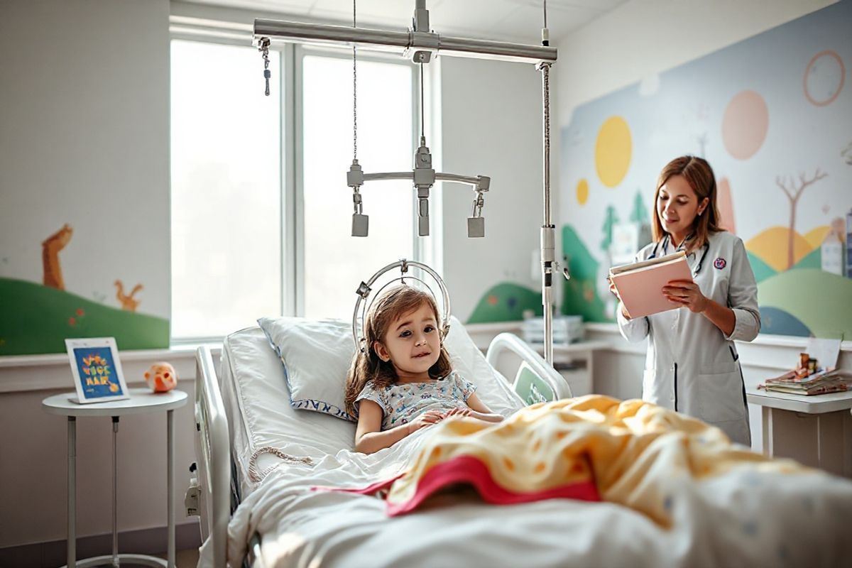 A photorealistic decorative image depicts a serene hospital room designed for pediatric patients undergoing halo gravity traction. The room features a large window with soft, natural light streaming in, illuminating the space. In the center, a hospital bed is equipped with a halo gravity traction system, showcasing the metal halo device securely affixed to a child’s head with gentle, adjustable weights hanging from a pulley system above. The child, a young girl with a calm expression, is nestled comfortably in the bed, surrounded by plush toys and colorful blankets that add warmth to the environment. On the walls, cheerful murals of cartoon animals and vibrant landscapes create an inviting atmosphere, while a nurse is seen adjusting the pulley system with a caring smile. A small table beside the bed holds a few books and art supplies, encouraging creativity and comfort during the treatment. The overall ambiance of the image conveys hope and care, highlighting the blend of medical technology and compassionate pediatric healthcare in a soothing and friendly environment.