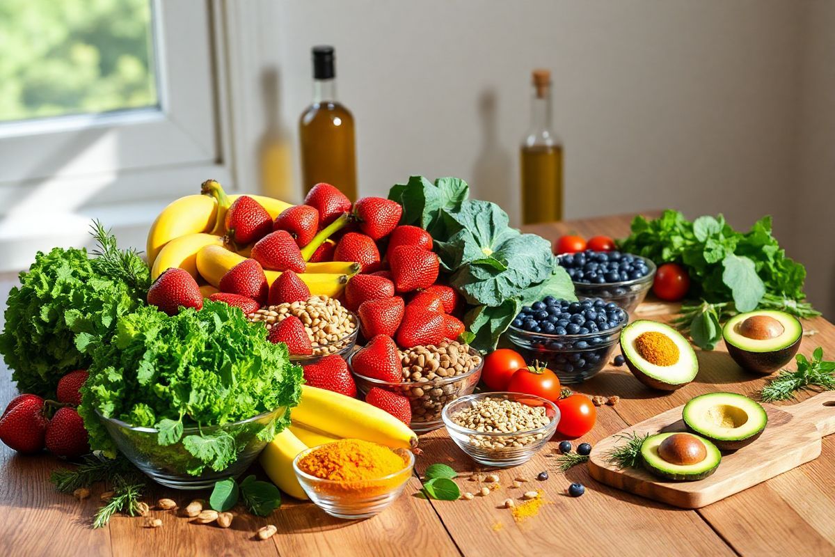 A beautifully arranged wooden table is set against a soft, natural light streaming in through a nearby window, casting gentle shadows. The centerpiece features a vibrant display of fresh, colorful fruits and vegetables, including deep red strawberries, bright yellow bananas, lush green kale, and plump blueberries. Surrounding the produce are clear glass bowls filled with nuts and seeds, showcasing their rich textures. In the background, a bottle of extra virgin olive oil and a small dish of golden turmeric powder hint at culinary potential. Fresh herbs like rosemary and basil are scattered artistically around the table, adding a fragrant touch. A rustic cutting board sits off to the side, with a few sliced avocados and tomatoes artistically arranged, emphasizing the theme of healthy eating. The entire scene conveys a sense of freshness and vitality, inviting viewers to embrace an anti-inflammatory lifestyle through wholesome, nutrient-dense foods. The warm tones of the wood, coupled with the vibrant colors of the produce, create a harmonious and inviting atmosphere that speaks to the joys of cooking and nourishing oneself.