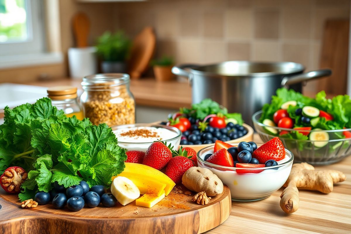 A beautifully arranged table set against a warm, inviting kitchen backdrop, showcasing an array of vibrant, fresh ingredients that embody an anti-inflammatory diet. In the foreground, a rustic wooden cutting board displays colorful fruits such as plump blueberries, ripe strawberries, and bright green leafy kale, accented by a handful of walnuts and chia seeds. Beside it, a bowl of creamy almond yogurt is garnished with slices of banana and a sprinkle of cinnamon.   To one side, a glass jar filled with golden turmeric and a fresh ginger root hints at the importance of spices in this diet. In the background, a pot of simmering quinoa sits next to a vibrant salad brimming with cherry tomatoes, cucumber, and a drizzle of olive oil.   Soft, natural light filters through a nearby window, illuminating the scene and enhancing the freshness of the ingredients. The overall composition exudes a sense of health and vitality, inviting viewers to embrace the beauty of wholesome, anti-inflammatory eating.