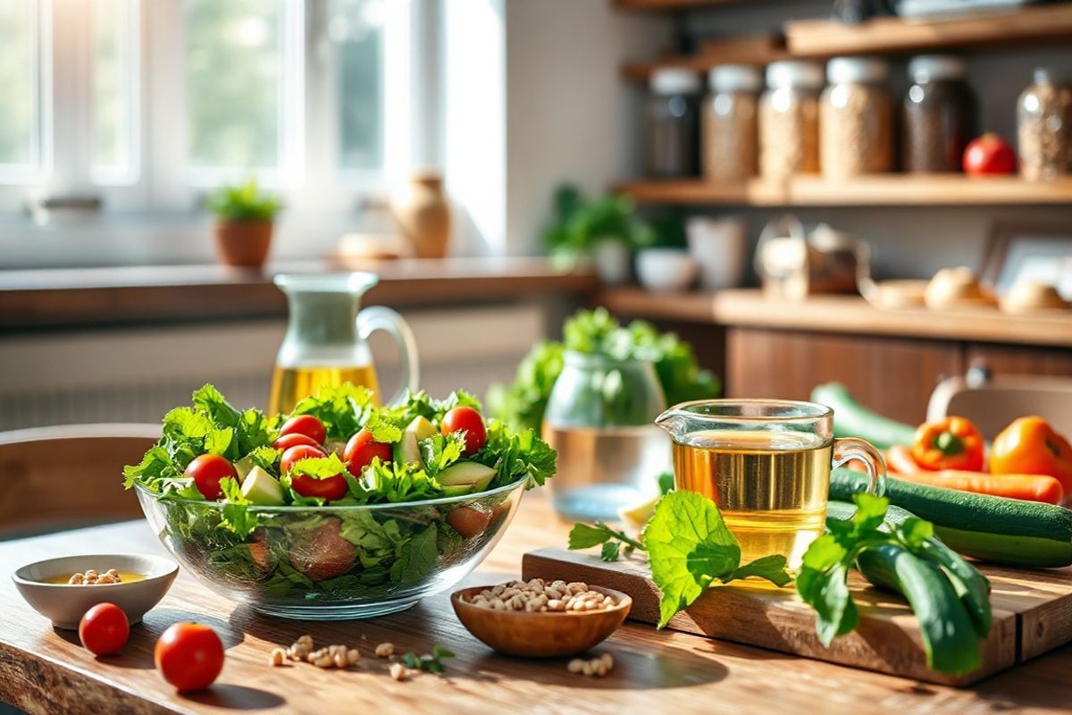 A serene kitchen scene bathed in natural light, featuring a wooden table adorned with an array of colorful, fresh ingredients ideal for the Fast-Mimicking Diet. In the foreground, a vibrant salad bowl brimming with mixed greens, cherry tomatoes, and slices of avocado sits next to a small dish of olive oil and a sprinkle of nuts. Nearby, a rustic cutting board displays an assortment of non-starchy vegetables like zucchini, carrots, and bell peppers, ready for preparation. A glass pitcher filled with crystal-clear water is placed beside a steaming cup of herbal tea, exuding a sense of warmth and tranquility. The background reveals a cozy kitchen atmosphere with soft-focus shelves lined with jars of whole grains and legumes, while sunlight filters through a nearby window, casting gentle shadows on the table. This inviting and health-conscious tableau captures the essence of the Fast-Mimicking Diet, highlighting its emphasis on plant-based, nutrient-rich foods.