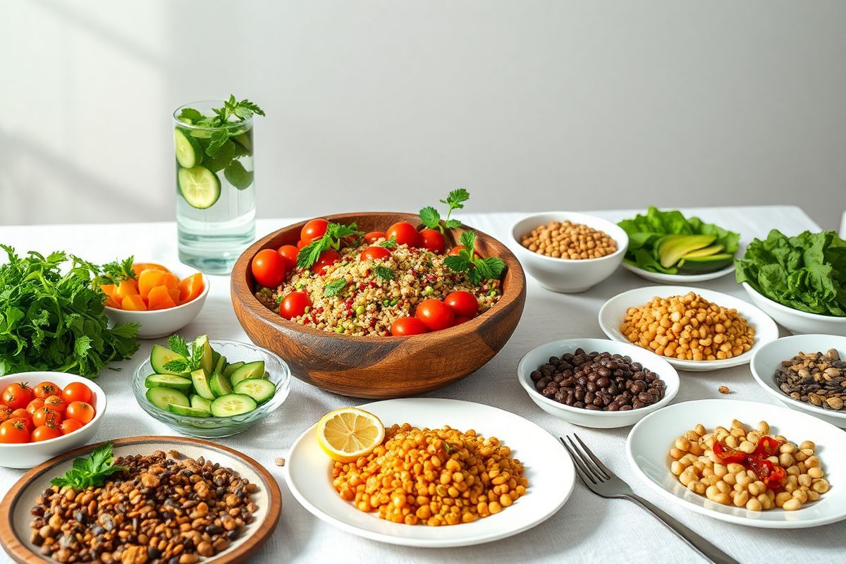 A beautifully arranged table showcasing a vibrant spread of foods suitable for the Fast-Mimicking Diet. The centerpiece features a large, rustic wooden bowl filled with a colorful quinoa salad, garnished with cherry tomatoes, fresh parsley, and slices of avocado. Surrounding the bowl are small dishes filled with various non-starchy vegetables like crisp cucumbers, bright bell peppers, and leafy greens. A glass pitcher of infused water, adorned with slices of lemon and fresh mint leaves, adds a refreshing touch. Scattered across the table are elegant platters holding a variety of plant-based proteins such as lentils and chickpeas, alongside a selection of nuts and seeds. The backdrop features soft, natural lighting that enhances the rich colors of the food, creating an inviting and healthy atmosphere. Delicate white plates and utensils are neatly arranged, complementing the colorful food while reinforcing the aesthetic of simplicity and nourishment. The overall composition exudes a sense of balance, health, and vitality, making it an ideal visual representation of the Fast-Mimicking Diet’s principles.