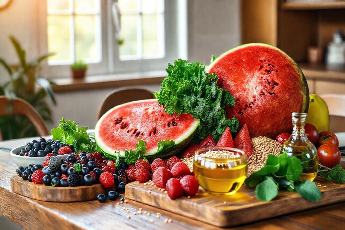 A beautifully arranged wooden kitchen table adorned with a vibrant array of fresh fruits and vegetables. The focal point is a large, ripe watermelon, sliced to reveal its bright red interior, surrounded by colorful berries—blueberries, strawberries, and raspberries—glimmering with morning dew. Beside them, a bowl of leafy greens, including kale and spinach, adds a lush green contrast. A rustic wooden cutting board displays a variety of whole grains, such as quinoa and brown rice, alongside a small dish of olive oil, emphasizing healthy fats. In the background, a softly blurred window lets in warm, natural light, illuminating the scene and casting gentle shadows. The table is set with elegant, minimalistic dinnerware, enhancing the feeling of a wholesome meal about to be enjoyed. This inviting and vibrant composition embodies the essence of healthy eating, making it an ideal visual representation of the dietary principles essential for managing kidney health.