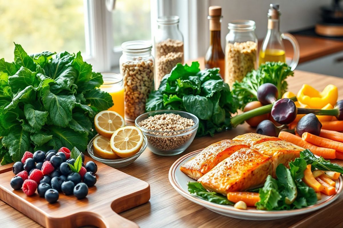 A photorealistic image of a beautifully arranged table setting featuring a variety of colorful, fresh foods that promote kidney health. The scene includes a vibrant display of leafy greens, such as kale and spinach, alongside a bowl of mixed berries—blueberries, strawberries, and raspberries—gleaming with dew. A wooden cutting board holds slices of whole grain bread and a small bowl of quinoa. In the background, there are elegant glass jars filled with nuts and seeds, showcasing almonds and chia seeds, alongside a bottle of golden olive oil. To the side, a plate contains a grilled salmon fillet garnished with lemon slices, and a side of roasted vegetables—bright orange carrots, deep purple beets, and yellow bell peppers. The table is set against a sunlit kitchen window, creating a warm and inviting atmosphere, with soft natural light illuminating the freshness of the ingredients, symbolizing health and vitality. The overall composition conveys a sense of balance and nourishment, emphasizing the importance of a wholesome diet in managing kidney health and overall well-being.