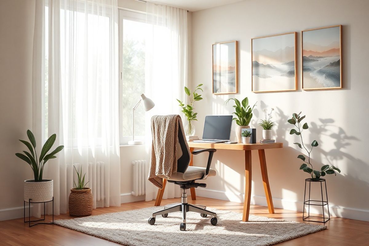 A serene and inviting home office space bathed in soft, natural light filtering through large windows adorned with sheer curtains. The desk, made of warm, polished wood, is neatly organized with a few minimalist decor items, such as a potted succulent and a small stack of books. A comfortable ergonomic chair with plush cushioning sits invitingly at the desk, while a cozy throw blanket drapes casually over the backrest. In the background, a subtle arrangement of indoor plants adds a touch of greenery, promoting a calming atmosphere. On the walls, soothing pastel colors create a tranquil environment, and artwork depicting abstract landscapes in gentle hues hangs harmoniously. A plush area rug in muted tones lies beneath the desk, inviting a sense of warmth and comfort. The overall ambiance is one of peace and clarity, embodying a space where one can reflect, work, and manage stress effectively, evoking a sense of balance and well-being.