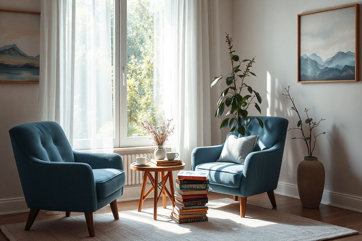 A serene and tranquil scene captures a cozy, softly lit room that embodies calmness and relaxation. In the foreground, a plush, deep-blue armchair sits next to a small wooden side table adorned with a steaming cup of herbal tea and a stack of well-worn books, inviting moments of quiet reflection. A large window, draped with sheer white curtains, allows gentle sunlight to filter through, casting a warm glow across the room. Outside the window, a lush garden filled with vibrant green foliage and blooming flowers creates a sense of connection with nature. On the walls, calming artwork depicting abstract landscapes in soothing pastel colors enhances the ambiance. A soft area rug, featuring subtle patterns, lies beneath the chair, adding texture and comfort to the space. In the background, a tall indoor plant in a ceramic pot adds a touch of life, while a flickering candle on the table emits a soft, flickering light, contributing to the overall feeling of peace and tranquility. This inviting scene encapsulates the theme of stress relief and relaxation, making it perfect for illustrating the effects of chronic stress and the importance of creating a calming environment.