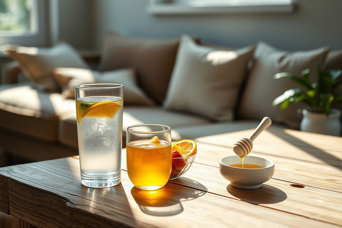 A photorealistic image captures a cozy, softly lit room featuring a rustic wooden table adorned with a simple, elegant setup for a morning after a night of celebration. In the foreground, a clear glass of refreshing lemon water sits next to a small bowl filled with vibrant, sliced fruits like oranges, strawberries, and kiwi, emphasizing hydration and recovery. A delicate white ceramic dish holds honey, glistening in the natural light streaming through the window.   In the background, a plush sofa with a few scattered throw pillows invites relaxation, while a potted plant adds a touch of greenery, symbolizing rejuvenation. The atmosphere is tranquil, with soft shadows playing across the surfaces, evoking a sense of calm and comfort. A subtle hint of a partially opened window allows a gentle breeze to flow in, symbolizing fresh beginnings. The overall composition creates a warm, inviting scene that conveys the theme of recovery and wellness after indulgence, making it perfect for illustrating the journey from a hangover to revitalization.