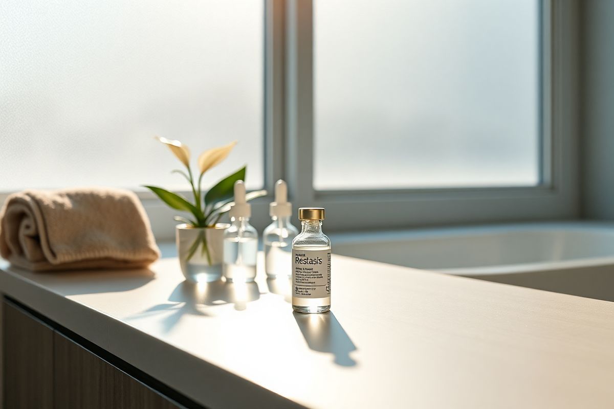 A serene and inviting scene unfolds within a softly lit, modern bathroom. The focal point is a sleek, minimalist countertop adorned with a delicate glass vial of Restasis, its label discreetly out of view, reflecting a sense of calm and medical precision. Surrounding the vial, a few elegant, transparent eye dropper bottles, each filled with soothing solutions, catch the light, creating a gentle shimmer.   In the background, a large, frosted window allows natural sunlight to filter in, casting soft shadows and illuminating the space with a warm glow. A small potted plant, perhaps a succulent or a peace lily, adds a touch of life and color to the scene, symbolizing rejuvenation and healing.   The countertop is impeccably clean, with a subtle texture that contrasts with the smooth surfaces of the glass containers. A plush, neutral-toned towel hangs invitingly nearby, suggesting a moment of self-care. Overall, the image conveys a sense of tranquility and wellness, perfectly complementing the theme of eye care and the benefits of Restasis for dry eye syndrome.