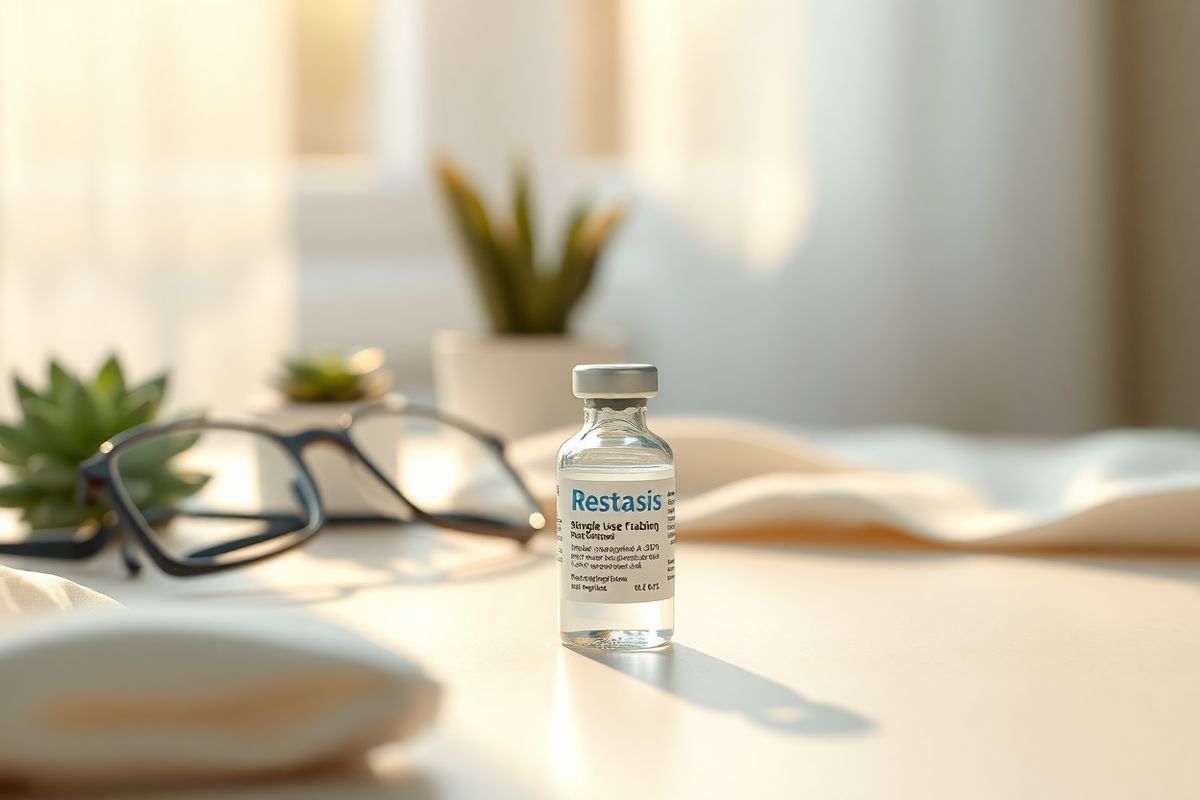 A photorealistic image depicting a serene and calming scene of an ophthalmic setting. The foreground features a close-up of a single-use Restasis vial, elegantly placed on a clean, white surface with a soft-focus background. The vial is glistening under gentle, natural light, highlighting its sleek, transparent design and the 0.05% cyclosporine A solution inside. Surrounding the vial are delicate, blurred elements like a pair of eyeglasses, a small potted succulent, and a soft, pastel-colored cloth, evoking a sense of calm and care. In the background, a softly lit window allows warm sunlight to filter through sheer curtains, casting gentle shadows and creating a tranquil atmosphere. The overall color palette is soothing, with soft whites, greens, and blues, promoting a feeling of relaxation and well-being, perfectly complementing the theme of eye health and the importance of proper care associated with Restasis usage.