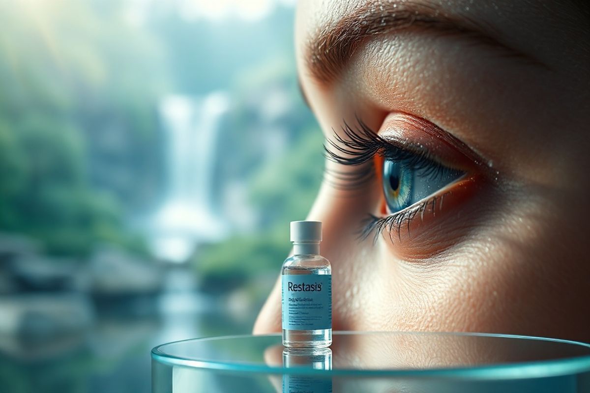 A serene and calming photorealistic image depicting a tranquil ophthalmic setting. The focal point is a close-up of a pair of human eyes, their surface glistening with moisture, conveying a sense of relief and comfort. Surrounding the eyes, soft, ethereal lighting creates a gentle glow, highlighting the delicate skin and lashes. In the background, a blurred vision of a tranquil landscape can be seen, featuring lush greenery and a soft-focus waterfall, symbolizing refreshment and rejuvenation. A small, elegant bottle of Restasis, with its simple and sleek design, rests nearby on a clear glass surface, reflecting the soothing environment. The overall color palette is composed of calming blues and greens, promoting a sense of tranquility and healing. The image evokes feelings of relief and hope for those suffering from dry eye syndrome, emphasizing both the importance of eye care and the beauty of healthy vision.