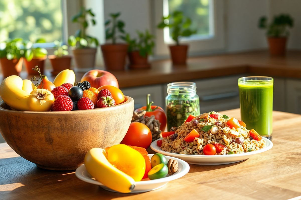 A beautifully arranged wooden kitchen table is set against a sunlit window, showcasing a vibrant spread of brain-healthy foods. In the foreground, a large, rustic bowl overflows with a colorful assortment of fresh fruits, including ripe bananas, plump berries, and crisp apples. Nearby, a plate brimming with a Mediterranean quinoa salad features glistening cherry tomatoes, green cucumbers, and bright red bell peppers, drizzled with olive oil. A small glass jar filled with mixed nuts and seeds adds a touch of texture, while a tall glass of a green smoothie, rich in spinach and banana, stands invitingly beside it. The background features a cozy kitchen atmosphere, with pots of fresh herbs like basil and rosemary on a windowsill, and soft sunlight streaming in, casting warm shadows and highlighting the freshness of the ingredients. The overall composition exudes a sense of health, vitality, and the importance of nutrition in daily life, making it an inspiring visual representation of a brain-healthy diet.