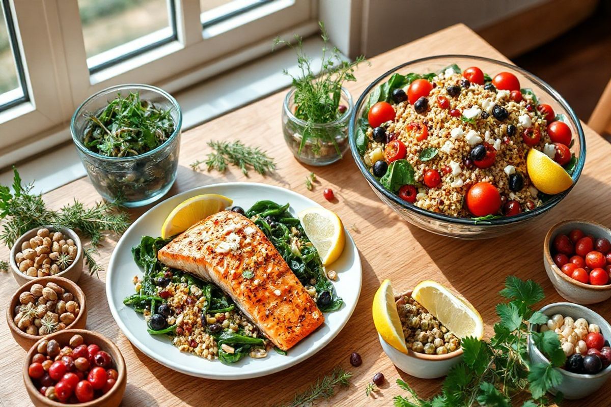 A beautifully arranged table setting that embodies a brain-healthy Mediterranean meal. The scene features a vibrant spread of colorful, fresh ingredients, including a large bowl of quinoa salad adorned with cherry tomatoes, cucumbers, olives, and a sprinkle of feta cheese, glistening with a drizzle of olive oil. Nearby, a plate showcases a perfectly grilled salmon fillet, resting on a bed of sautéed spinach with garlic, complemented by lemon wedges for a pop of color. Surrounding the dishes are small bowls filled with mixed nuts, seeds, and juicy berries, emphasizing the importance of snacking on brain-boosting foods. The table is set against a warm, natural wood background, with soft, natural light filtering through a nearby window, casting gentle shadows that enhance the freshness of the ingredients. Fresh herbs, such as rosemary and parsley, are scattered artfully around the table, adding a touch of greenery. The overall atmosphere is inviting, emphasizing health, vitality, and the joy of sharing a nutritious meal, making it an ideal visual representation of the importance of nutrition in supporting brain health and combating Alzheimer’s Disease.