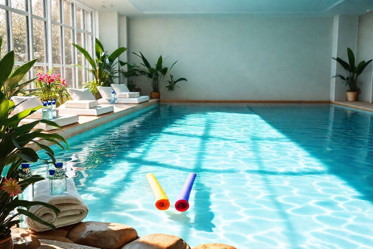 A serene indoor swimming pool bathed in soft, natural light streaming through large windows. The water is a crystal-clear blue, gently rippling with the reflection of the sun. Surrounding the pool, lush green plants and vibrant flowers create a calming atmosphere, enhancing the sense of tranquility. In one corner, a comfortable lounge area features soft, inviting seating, adorned with plush towels and water bottles, emphasizing the importance of hydration. The pool’s edge is lined with smooth, warm stones, inviting a peaceful entry into the water. Floating in the pool, a few colorful pool noodles and water weights are strategically placed, suggesting a gentle workout environment. The overall ambiance is peaceful and inviting, encouraging relaxation and mindfulness, making it an ideal setting for individuals seeking to engage in low-impact water exercises that promote well-being and stress relief. The scene captures a perfect balance of nature and wellness, embodying a safe, enjoyable space for exercise tailored for those managing Crohn’s disease.