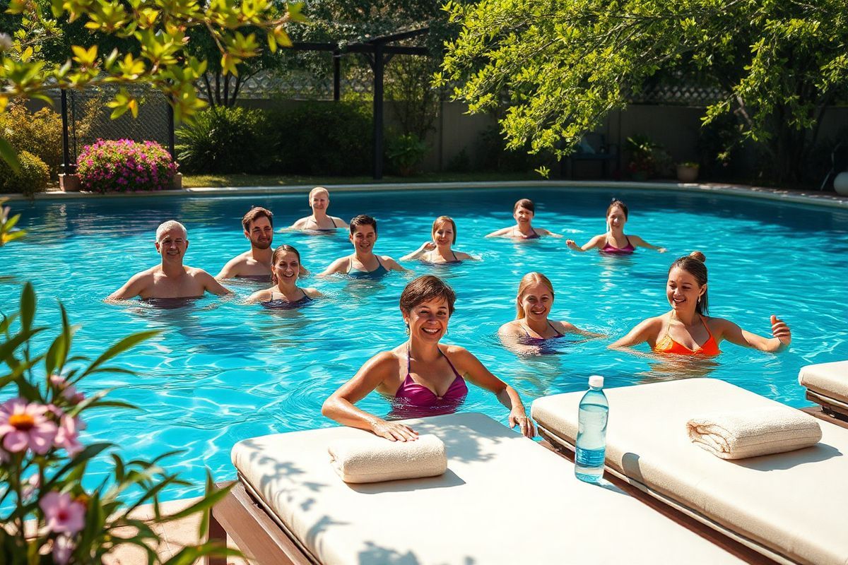 A serene aquatic scene captures the essence of tranquility and wellness, featuring a crystal-clear swimming pool surrounded by lush greenery. The water glistens under the warm sunlight, creating gentle ripples that reflect the vibrant colors of the surrounding nature. In the foreground, a group of diverse individuals, including men and women of various ages and ethnicities, engage in water-based exercises, such as water walking and aqua yoga, showcasing their joyful expressions and relaxed postures. They wear colorful swimsuits and are immersed in the inviting water, emphasizing a sense of community and support. Soft, cushioned poolside loungers are scattered nearby, adorned with fluffy towels and water bottles, highlighting the importance of hydration and comfort. The backdrop features flowering plants and leafy trees, creating a peaceful oasis that promotes relaxation and well-being. Sunlight filters through the branches, casting playful shadows on the water’s surface, enhancing the overall atmosphere of calm and rejuvenation. This image embodies the essence of gentle exercise and the therapeutic benefits of water, making it an ideal visual accompaniment to themes of health and wellness for individuals managing Crohn’s disease.