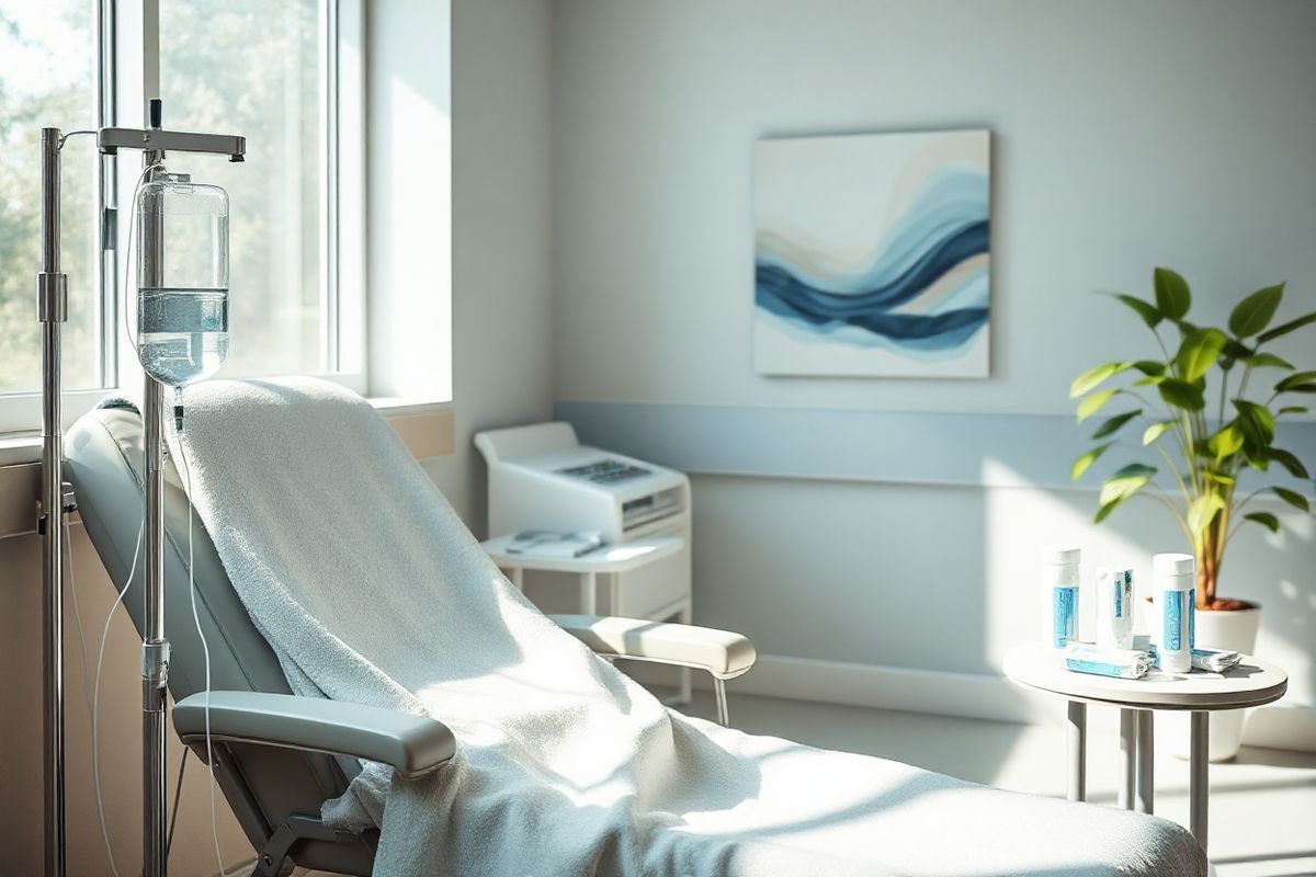 A photorealistic image of a serene hospital chemotherapy room, softly illuminated by natural light streaming through large windows. The room features a comfortable reclining chair, adorned with a cozy blanket in gentle hues of blue and white. Nearby, an IV stand holds a bag of clear fluid, its tubing delicately connecting to the chair. On a small side table, a neatly arranged assortment of medical supplies, including syringes and alcohol wipes, adds to the clinical yet calming atmosphere. The walls are painted in soothing pastel colors, adorned with abstract art that evokes a sense of hope and tranquility. In the background, a potted plant with vibrant green leaves provides a touch of nature, symbolizing life and healing. The overall composition conveys a sense of comfort and support, emphasizing the importance of a positive environment for patients undergoing R-ICE chemotherapy treatment.