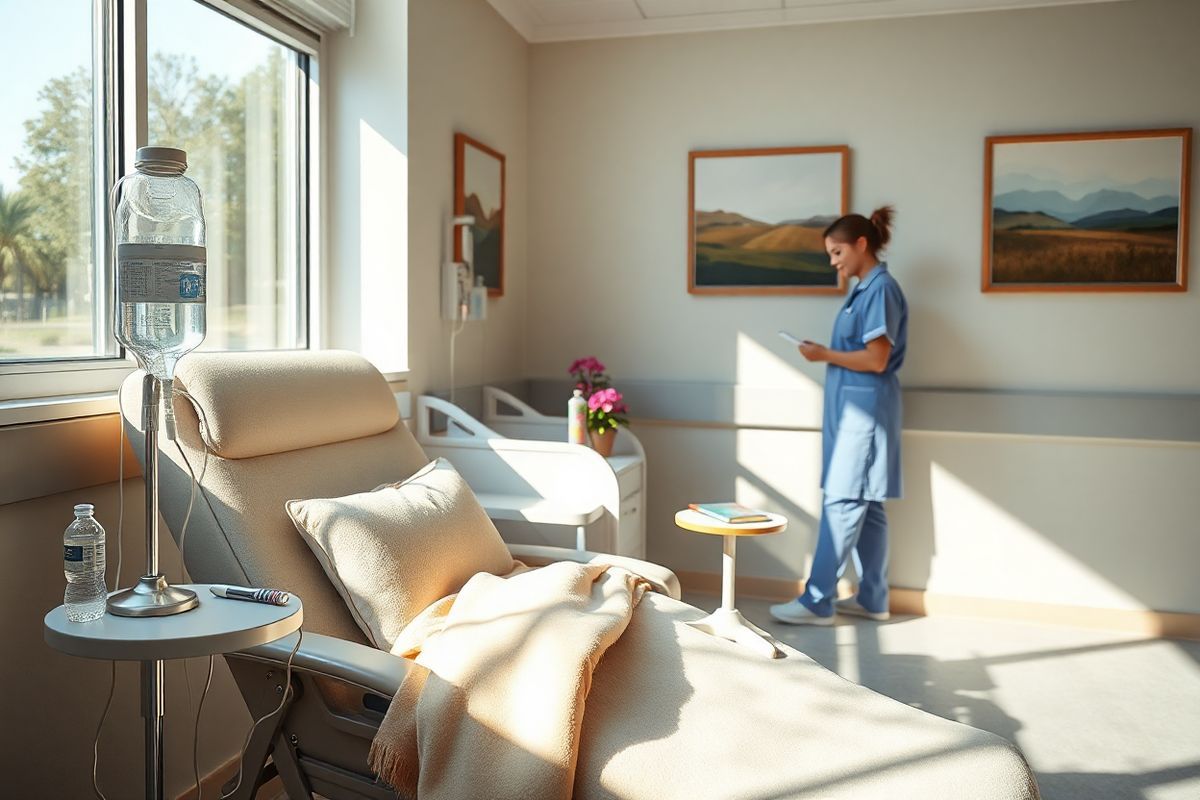 A photorealistic image of a serene, well-lit hospital infusion room, featuring a comfortable reclining chair positioned beside a large window that allows natural light to filter in. The chair is equipped with soft blankets and a stylish cushion, creating a warm and inviting atmosphere. Nearby, an IV stand holds a bag of clear chemotherapy solution, with tubes delicately connecting to the patient’s arm. On a small side table, there are a few personal items: a water bottle, a book with a colorful cover, and a vibrant flowering plant that adds a touch of life to the setting. The walls are painted in soothing pastel colors, and framed artwork depicting abstract landscapes adorns them, contributing to a calming environment. Sunlight casts gentle shadows, enhancing the sense of tranquility. In the background, a caring nurse is seen checking on the patient, ensuring comfort and support. Overall, the image conveys a sense of hope, resilience, and the human touch in the journey of cancer treatment.