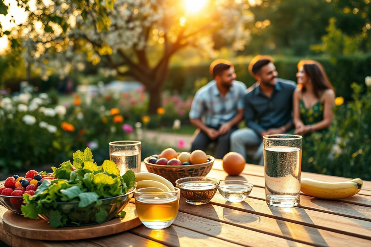 A serene, photorealistic image capturing a tranquil outdoor scene during golden hour. In the foreground, a wooden picnic table is adorned with a vibrant spread of healthy foods: colorful fruits like berries, sliced apples, and bananas, alongside a bowl of leafy greens and a small dish of olive oil for dipping. A glass of water with a slice of lemon sits nearby, reflecting the warm sunlight.   In the background, a lush garden filled with blooming flowers and greenery creates a harmonious atmosphere. A gentle breeze rustles the leaves of nearby trees, casting soft shadows on the table. To the side, a group of diverse individuals—friends and family—are engaged in joyful conversation and laughter, embodying the essence of positive relationships and well-being.   The warm hues of the sunset sky create a soothing backdrop, enhancing the sense of calm and contentment in the scene. This image beautifully encapsulates the holistic approach to health and well-being through nutrition, social connections, and the importance of enjoying life’s simple pleasures.