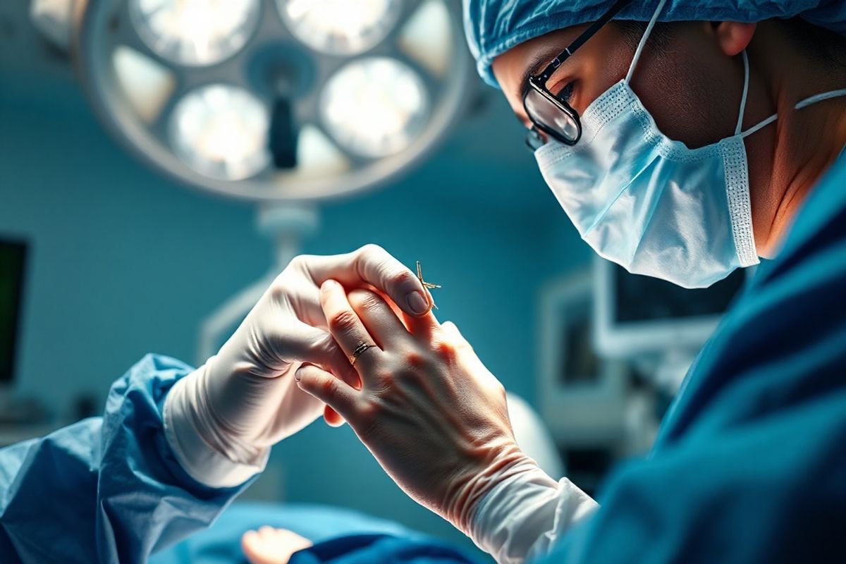 A photorealistic image depicting a close-up of a skilled surgeon’s hands performing delicate hand reconstruction surgery. The scene captures the intricate details of the surgical environment, showcasing a sterile operating room with bright overhead lights illuminating the surgical field. The surgeon, wearing blue scrubs and a surgical mask, is focused intently on a patient’s hand, which is gently held in place by a surgical assistant. Fine instruments, such as forceps and scissors, are visible, reflecting the precision required in the procedure. The patient’s hand displays signs of previous trauma, with sutures and minor swelling, emphasizing the need for reconstruction. In the background, soft-focus equipment like a microscope and monitors can be seen, highlighting the advanced technology used in modern hand surgery. The overall atmosphere conveys a sense of professionalism, care, and the intricate artistry involved in restoring hand functionality, evoking a feeling of hope and healing.