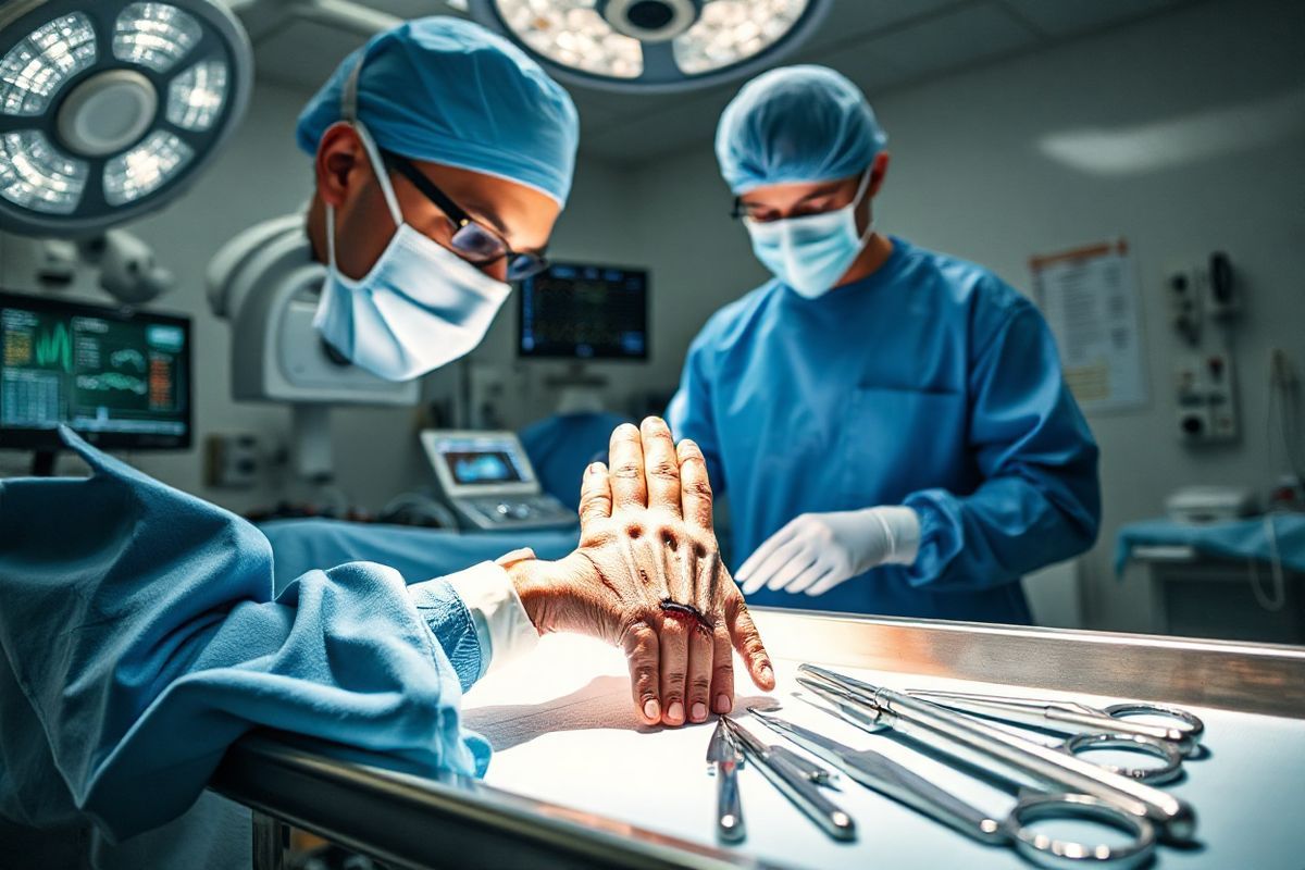 A photorealistic image depicting a skilled surgeon in a modern operating room performing hand reconstruction surgery. The scene is illuminated by bright surgical lights, casting a sterile glow over the meticulously arranged instruments on a stainless steel tray. The surgeon, wearing a blue surgical gown, a mask, and gloves, is focused intently on a patient’s hand, which is delicately draped with sterile cloths, revealing only the area being operated on. The hand shows signs of previous trauma, with intricate details highlighting the complexity of the surgical procedure. In the background, a nurse assists by preparing additional tools, while monitors display vital signs, ensuring a safe and efficient operation. The walls are adorned with medical charts and equipment, emphasizing the high-tech environment. The overall mood conveys a sense of professionalism, precision, and compassion, reflecting the dedication to restoring hand functionality and improving the patient’s quality of life. The image captures both the technical aspects of hand surgery and the human elements of care and expertise in a vivid, engaging manner.