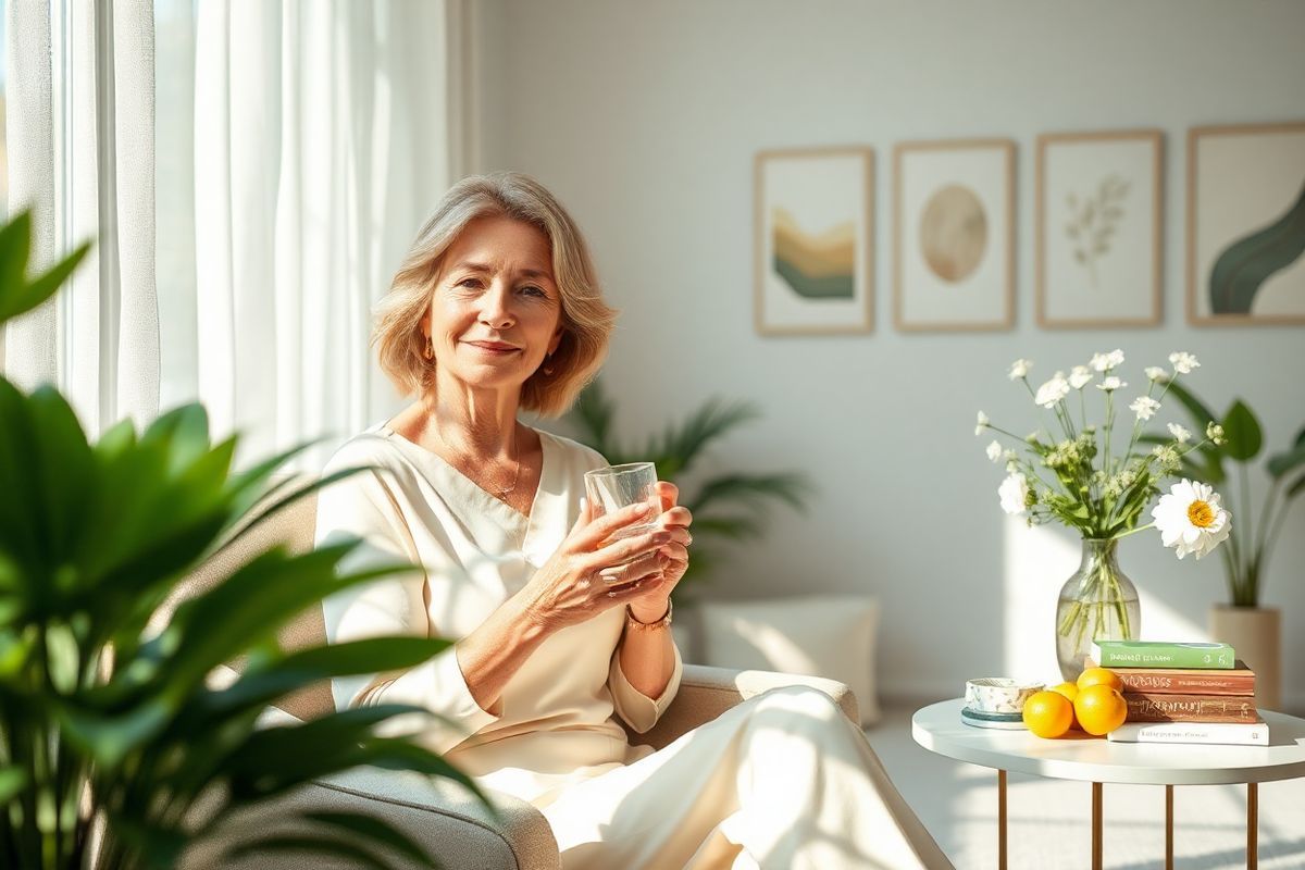 A serene and elegant scene captures the essence of womanhood and health. In the foreground, a graceful woman in her 50s sits comfortably in a sunlit room, surrounded by lush greenery and soft, pastel-colored decor. Her expression reflects calmness and contentment as she gently holds a glass of water, symbolizing hydration and well-being. Nearby, a small table displays a selection of healthful items: a bowl of vibrant fruits, a stack of books on wellness, and a decorative vase filled with fresh flowers, representing vitality and growth. The background features a large window with sheer curtains that allow natural light to flood the space, illuminating the room and creating a warm atmosphere. On the walls, subtle artwork depicting nature and abstract forms adds depth and tranquility to the scene. The overall color palette is soothing, with soft greens, gentle blues, and warm neutrals, evoking a sense of peace and harmony. This photorealistic image embodies the themes of health, balance, and the transformative journey of women experiencing menopause, perfectly complementing the context of hormone replacement therapy and osteoporosis management.