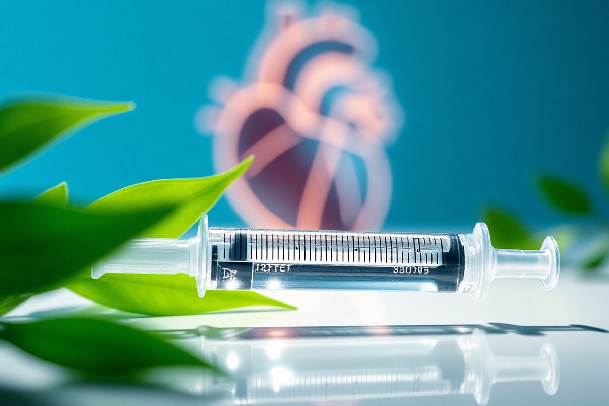 A close-up view of a sleek, modern medical syringe filled with a clear, viscous solution, representing Praluent (alirocumab). The syringe is placed on a clean, reflective surface, capturing soft, diffused lighting that enhances the transparency of the fluid. In the background, a blurred image of a heart model is subtly illuminated, symbolizing cardiovascular health. Surrounding the syringe are several vibrant green leaves, signifying the importance of a healthy lifestyle in managing cholesterol levels. The overall color palette is a calming mix of blues and greens, evoking a sense of tranquility and hope. The visual composition conveys a sense of innovation and advancement in medical treatments, highlighting the transformative role of Praluent in cholesterol management.