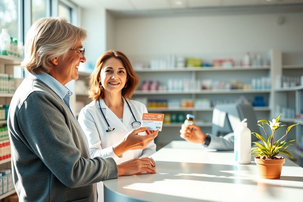 A photorealistic image depicting a serene pharmacy scene, where a friendly pharmacist is assisting a patient at the counter. The pharmacist, a middle-aged woman with a warm smile, is handing a patient a small, colorful coupon booklet, symbolizing savings and support. The patient, a middle-aged man with a thoughtful expression, is holding a prescription bottle of Praluent. The pharmacy is bright and inviting, with neatly organized shelves filled with various medications and health products in the background. Natural light streams in through large windows, casting a soft glow on the scene. On the counter, there is a small potted plant, adding a touch of warmth and life to the setting. The overall atmosphere conveys a sense of hope and accessibility, emphasizing the importance of financial assistance and communication between patients and healthcare providers in managing medication costs.