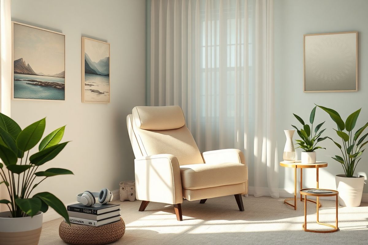 A serene and calming scene unfolds in a softly lit therapy room, featuring a comfortable reclined chair at the center, inviting patients to relax during their Transcranial Magnetic Stimulation (TMS) sessions. Surrounding the chair, soothing pastel colors adorn the walls, with gentle artwork depicting tranquil landscapes and abstract patterns that evoke a sense of peace. A sleek, modern TMS machine is positioned discreetly nearby, with an electromagnetic coil poised above the chair, ready for use.   Natural light filters through sheer curtains, casting a warm glow that enhances the cozy atmosphere. On a small side table, a pair of noise-cancelling headphones rests next to a stack of books and a calming essential oil diffuser, emitting a soft mist. Fresh greenery in the form of potted plants adds a touch of nature, promoting relaxation and well-being. The overall composition exudes an ambiance of safety and tranquility, encouraging patients to feel at ease as they embark on their healing journey with TMS.