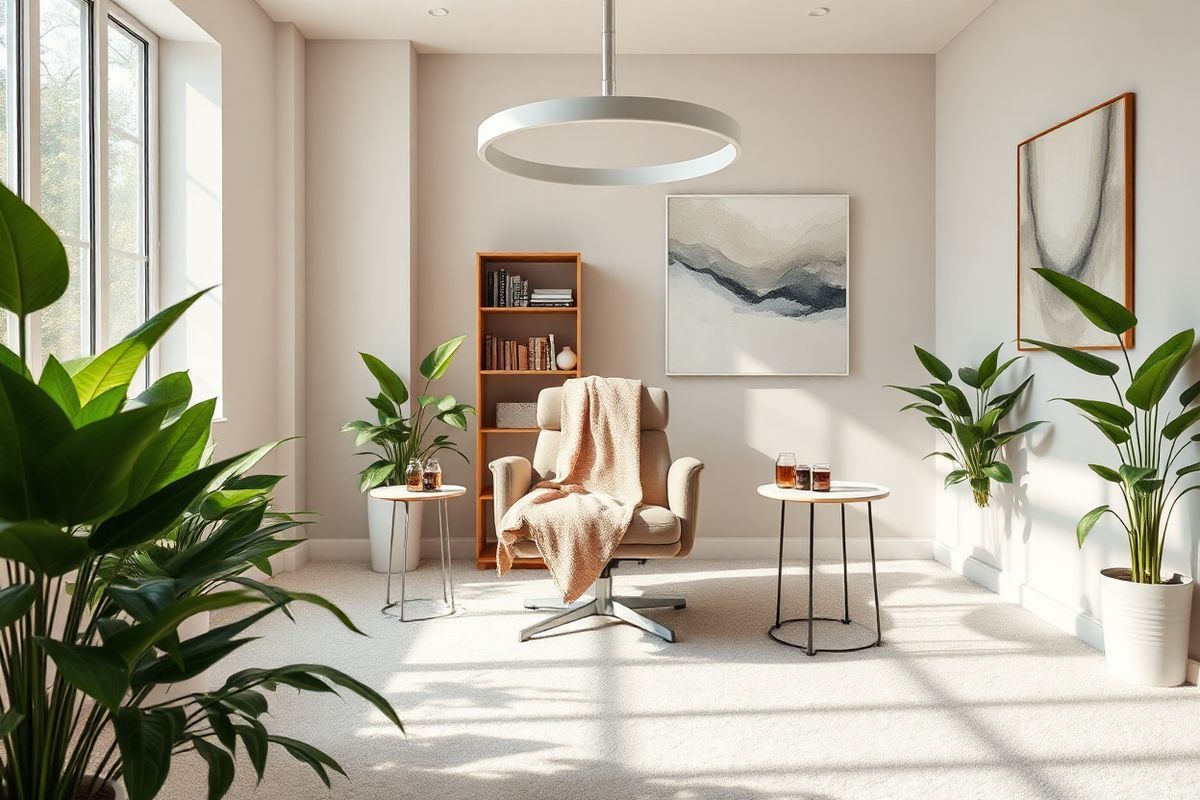 A serene and inviting therapy room designed for Transcranial Magnetic Stimulation (TMS) treatment. The room features soft, neutral tones with natural light streaming through large windows, creating a calming atmosphere. In the center, a comfortable reclined chair is positioned under a sleek, modern TMS device with a gently curved electromagnetic coil hovering above. Surrounding the chair are lush green plants, adding a touch of nature and tranquility. The walls are adorned with abstract art that evokes feelings of peace and mental clarity, while a small bookshelf holds various wellness and mindfulness books. A cozy throw blanket drapes over the chair, inviting patients to relax. The floor is covered with a plush, light-colored carpet that enhances the room’s warmth. A small side table beside the chair holds a glass of water and a few soothing essential oils, completing the serene setting. The overall composition conveys a sense of hope and healing, emphasizing the innovative and non-invasive nature of TMS therapy as a breakthrough treatment for OCD.