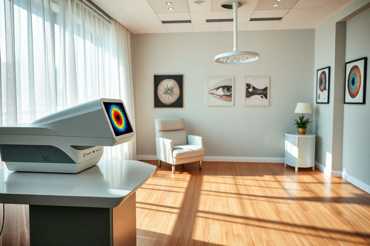 A serene and inviting ophthalmology clinic interior, featuring a modern, well-lit examination room. The focal point is an elegant, high-tech corneal topographer on a sleek countertop, displaying a vibrant, colorful corneal map. Soft, natural light streams through large windows adorned with sheer curtains, casting gentle shadows across the polished wooden floors. In the background, a comfortable, plush examination chair is positioned under bright, adjustable task lighting, creating a warm and welcoming atmosphere. The walls are painted in soothing pastel colors, with framed images of eye anatomy and vision-correcting techniques, subtly enhancing the educational ambiance. A small potted plant sits on a side table, adding a touch of greenery and life to the space. The overall composition conveys a sense of professionalism, innovation, and patient comfort, embodying the essence of advanced eye care and the transformative journey of conductive keratoplasty.