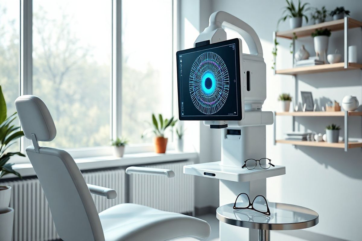 A photorealistic image showcases a serene ophthalmology clinic setting, with soft, natural lighting filtering through large windows. In the foreground, a modern examination chair is positioned next to a sleek, high-tech corneal topographer, its screen displaying a detailed 3D map of a human eye. The background features a calming color palette of soft blues and whites, adorned with potted plants that add a touch of greenery. On a nearby shelf, various eye care instruments are neatly arranged, reflecting the cleanliness and professionalism of the space. A pair of stylish reading glasses rests on a small table, symbolizing the patients’ journey towards clearer vision. The image captures an atmosphere of tranquility and advanced medical technology, inviting viewers to imagine the possibilities of vision correction through innovative procedures like conductive keratoplasty.