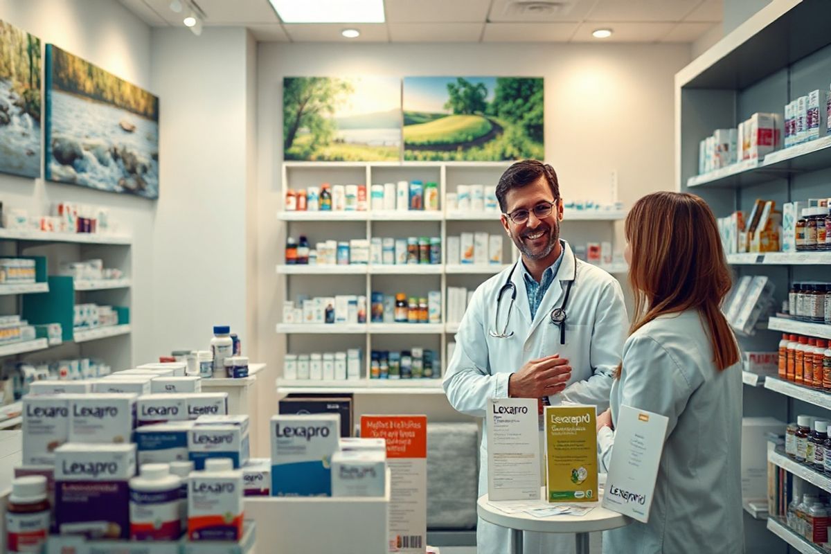 A serene and inviting pharmacy interior bathed in soft, warm light. The focal point is a well-organized display of various medication bottles and prescription boxes, showcasing both brand-name Lexapro and its generic counterpart, escitalopram. In the foreground, a friendly pharmacist is assisting a patient, both engaged in a conversation that conveys trust and support. The walls are adorned with calming artwork depicting nature scenes, such as gentle flowing water and lush greenery, enhancing the atmosphere of tranquility and well-being. Shelves in the background are stocked with health and wellness products, including vitamins and supplements, inviting a sense of holistic care. A small table nearby features pamphlets on mental health awareness and medication savings tips, emphasizing the importance of informed choices in healthcare. The overall color palette is soothing, with pastel blues and greens, creating a peaceful environment that encourages patients to seek the help they need while navigating their treatment options. The image captures a moment of connection, hope, and support in a modern pharmacy setting, highlighting the importance of accessible mental health resources.