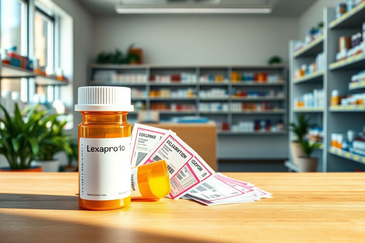 A serene, photorealistic image of a well-organized pharmacy interior, showcasing a clean and inviting atmosphere. The foreground features a wooden countertop with an open prescription bottle of Lexapro, its label clearly visible but without any text. Surrounding the bottle are colorful prescription discount cards and coupons, elegantly fanned out in a casual arrangement. In the background, the shelves are stocked with various medications, neatly labeled and well-lit, highlighting a range of colorful pill bottles and boxes. Soft, natural light filters through large windows, casting a warm glow across the space and creating a sense of tranquility. A few potted plants add a touch of greenery, enhancing the calming environment. The overall composition conveys a message of accessibility and support for those seeking to manage their health affordably, inviting viewers to feel a sense of hope and relief in navigating their medication costs.