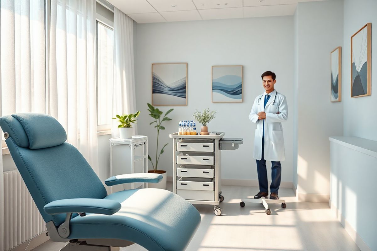 A photorealistic image showcasing a serene and inviting healthcare setting. In the foreground, a sleek, modern treatment room features a plush, adjustable examination chair in soft blue fabric, inviting comfort. To the side, a well-organized medical cart holds various vials and syringes, hinting at the administration of innovative therapies like Saphnelo. Natural light streams through large windows adorned with sheer white curtains, casting a warm glow across the room.   On the walls, calming artwork depicting tranquil landscapes and abstract designs promotes a sense of peace and healing. A small, lush indoor plant sits on a windowsill, adding a touch of nature and freshness to the space. In the background, a friendly healthcare professional in a white coat is seen preparing for a patient consultation, exuding professionalism and compassion. The atmosphere is tranquil, designed to alleviate anxiety, with soft pastel tones complementing the overall aesthetic. This image encapsulates hope and care in managing autoimmune conditions, perfectly aligning with the discussion of Saphnelo and its role in improving patient outcomes.