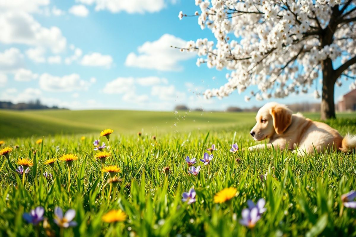 A serene and aesthetically pleasing scene depicting a variety of common allergens in a natural setting. In the foreground, vibrant green grass is sprinkled with delicate, colorful wildflowers, including bright yellow dandelions and soft purple violets. Nearby, a gentle breeze causes the petals of a blooming cherry blossom tree to flutter gracefully, creating a sense of movement. In the background, a softly blurred landscape showcases a clear blue sky dotted with fluffy white clouds.   To the side, a small pet—perhaps a fluffy golden retriever—playfully rolls in the grass, its fur catching the sunlight. Alongside it, a subtle representation of pollen gently drifting through the air can be observed, hinting at the allergens present in this idyllic environment. The overall composition captures the beauty of nature while subtly conveying the coexistence of these allergens, inviting viewers to reflect on the delicate balance between the beauty of the environment and the potential triggers for allergic reactions. The warm, soft lighting enhances the photorealistic quality, creating an inviting and harmonious atmosphere.