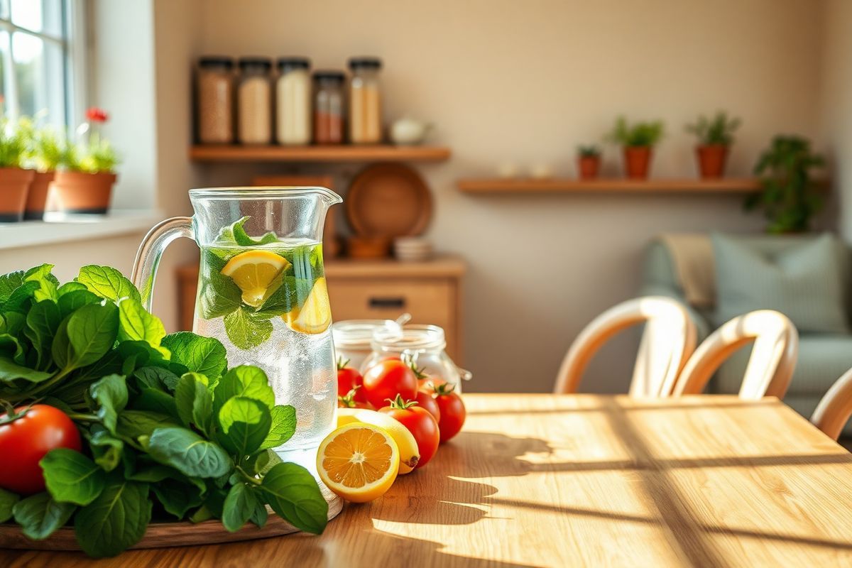 A serene kitchen setting bathed in soft, natural light, featuring a wooden dining table adorned with a vibrant array of fresh fruits and vegetables, such as bright green spinach, ripe tomatoes, and bananas. In the background, a neatly arranged shelf displays jars of whole grains and spices, reflecting a commitment to healthy eating. A glass pitcher filled with clear water infused with slices of lemon and mint sits prominently on the table, suggesting hydration as a vital component of wellness. To the side, a pair of comfortable, inviting chairs encourages a sense of community and support in the weight loss journey. The walls are painted in warm, neutral tones, complemented by potted herbs on the windowsill, creating a homely and encouraging atmosphere for meal preparation and mindful eating. This inviting scene emphasizes the importance of a balanced diet, hydration, and a supportive environment, encapsulating the essence of a healthy lifestyle that enhances the effectiveness of Saxenda in managing weight loss.