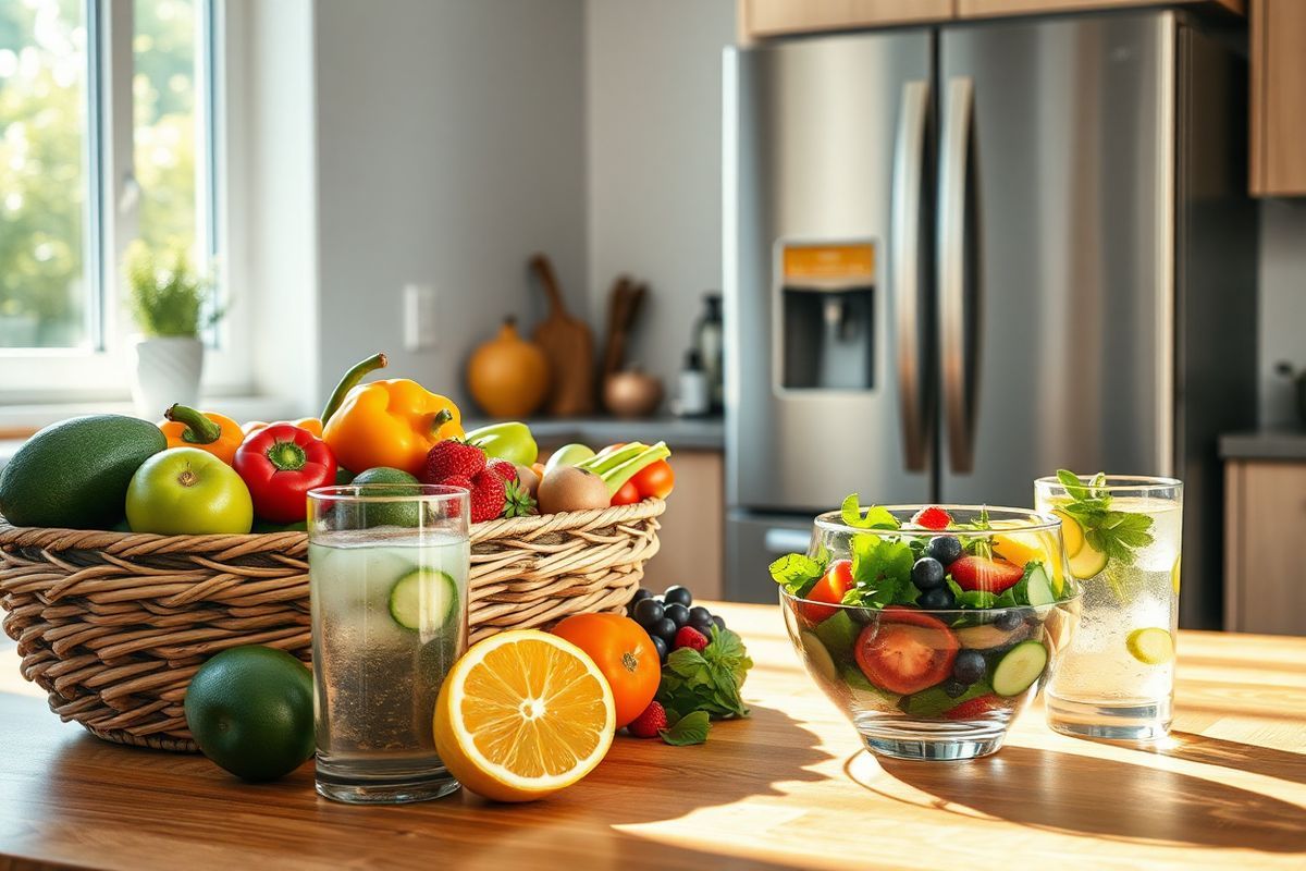 A photorealistic image featuring a serene kitchen scene that embodies a healthy lifestyle. The focal point is a wooden dining table adorned with an assortment of fresh, colorful fruits and vegetables, such as ripe avocados, vibrant bell peppers, and juicy berries, arranged artfully in a woven basket. In the background, a sleek stainless steel refrigerator stands, partially open to reveal neatly organized containers filled with meal-prepped healthy dishes. Sunlight streams through a large window, casting warm, inviting light across the space, highlighting a small potted herb garden on the windowsill. A glass of infused water with slices of lemon and cucumber is placed next to a colorful salad bowl, showcasing fresh greens and a sprinkle of seeds. The atmosphere is calm and motivating, evoking a sense of wellness and a commitment to a healthier lifestyle, perfect for individuals on their weight loss journey. The overall aesthetic is clean and modern, promoting an inspiring and positive environment for cooking and dining.