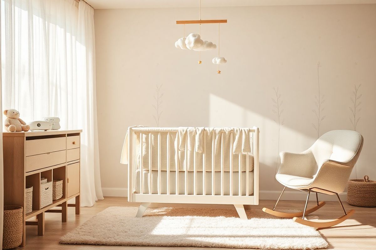 A serene nursery scene is depicted, featuring a cozy crib adorned with soft, breathable bedding in pastel colors. The crib is centrally positioned in a softly lit room, bathed in warm, gentle light filtering through sheer, white curtains. In the background, a calming wall adorned with subtle nature-themed wallpaper adds a touch of tranquility. On a nearby shelf, plush toys and a small white noise machine rest, hinting at a comforting environment for sleep. The floor is covered in a plush, light-colored area rug, providing a soft surface. A rocking chair, upholstered in a muted pastel fabric, sits beside the crib, inviting parents to cuddle and soothe their baby. A wooden mobile hangs gracefully above the crib, showcasing delicate clouds and stars, adding a whimsical touch. The overall atmosphere of the nursery is peaceful and nurturing, promoting a sense of safety and comfort, ideal for sleep training and bonding moments between parents and their newborn.