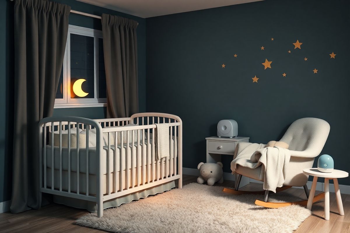 A serene nighttime nursery scene featuring a cozy crib adorned with soft, breathable bedding in soothing pastel colors. The room is dimly lit with gentle, warm light emanating from a small, whimsical night lamp shaped like a moon. Blackout curtains frame a window, ensuring a dark environment conducive to sleep. A plush, inviting rocking chair sits nearby, draped with a light blanket, suggesting a comforting space for parents to soothe their baby. On the walls, delicate, hand-painted stars twinkle softly, creating a calming atmosphere. A white noise machine is placed on a bedside table, subtly blending in with the decor. The floor is covered with a fluffy, neutral-toned area rug, adding warmth and comfort to the space. The overall ambiance is peaceful and nurturing, evoking a sense of tranquility and security, perfectly embodying the essence of a nurturing sleep environment for newborns.