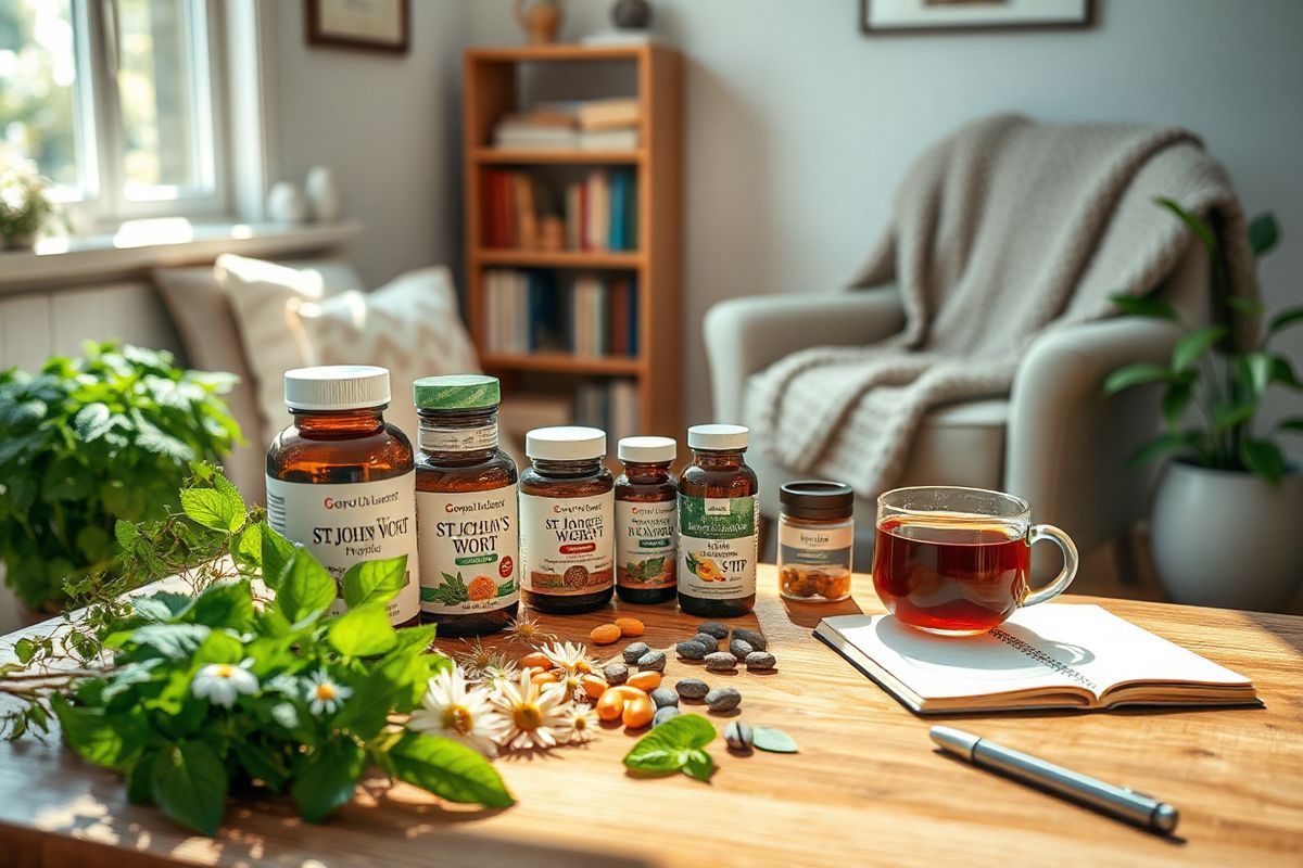 A serene and calming scene set in a softly lit, cozy room. In the foreground, a wooden table is adorned with an assortment of vibrant herbal supplements and natural remedies, including bottles of St. John’s Wort and containers of 5-HTP. Surrounding the table are delicate, fresh herbs like chamomile and mint, their lush green leaves contrasting against the rich brown wood. A warm, inviting light filters through a nearby window, casting gentle shadows and highlighting the textures of the supplements. In the background, a comfortable armchair draped with a knitted blanket invites relaxation, while a small bookshelf filled with health and wellness literature peeks out, suggesting a space dedicated to holistic well-being. Subtle elements, like a steaming cup of herbal tea and a notepad with a pen, hint at thoughtful reflection and careful consideration of health choices. The overall atmosphere is peaceful and nurturing, evoking a sense of mindfulness and the importance of informed decision-making regarding health and dietary supplements.