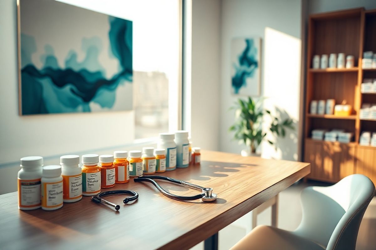 A serene and inviting scene set in a softly lit modern pharmacy or healthcare consultation room. The focus is on a sleek, contemporary wooden desk adorned with a variety of prescription bottles, neatly arranged medication boxes, and a stethoscope casually draped over one edge. In the background, a large window allows warm sunlight to filter in, casting gentle shadows across the space. On the wall, there’s a subtle abstract artwork that conveys calmness, featuring cool blues and greens, hinting at tranquility and mental wellness. A small potted plant sits in the corner, adding a touch of nature, while a comfortable chair is positioned next to the desk, suggesting a welcoming atmosphere for patient consultations. The overall ambiance is clean, organized, and professional, reflecting a commitment to health and safety, making it an ideal visual representation of the importance of understanding medications like Seroquel in a healthcare setting.