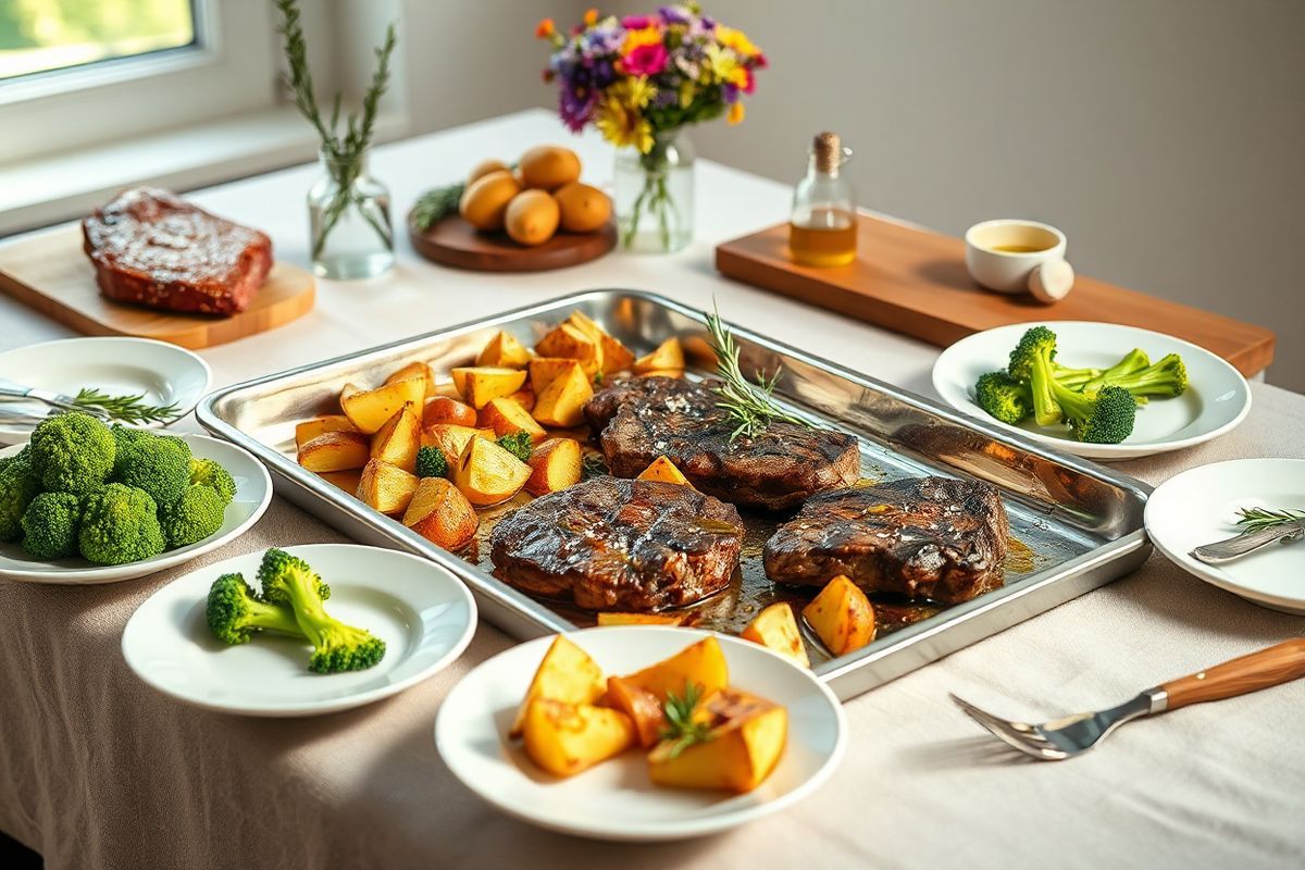 A photorealistic image depicting a beautifully arranged dinner table featuring a Sheet Pan Steak with Potatoes and Broccoli. The centerpiece is a large, shiny stainless steel sheet pan, showcasing perfectly roasted steak, golden-brown potato wedges, and vibrant green broccoli florets, all glistening with olive oil and herbs. Surrounding the pan are elegant white plates, each holding a portion of the meal, garnished with fresh rosemary and a sprinkle of sea salt. The table is set with rustic wooden utensils and a soft linen tablecloth in neutral tones. In the background, soft natural light filters through a window, casting a warm glow on a small vase of colorful wildflowers, enhancing the inviting atmosphere. On the side, a cutting board displays fresh ingredients—an uncut steak, raw potatoes, and a bunch of broccoli—alongside a small bowl of olive oil and minced garlic, emphasizing the freshness and quality of the ingredients. The overall scene embodies a cozy, health-conscious dining experience, celebrating the joy of high-protein, gluten-free meals.